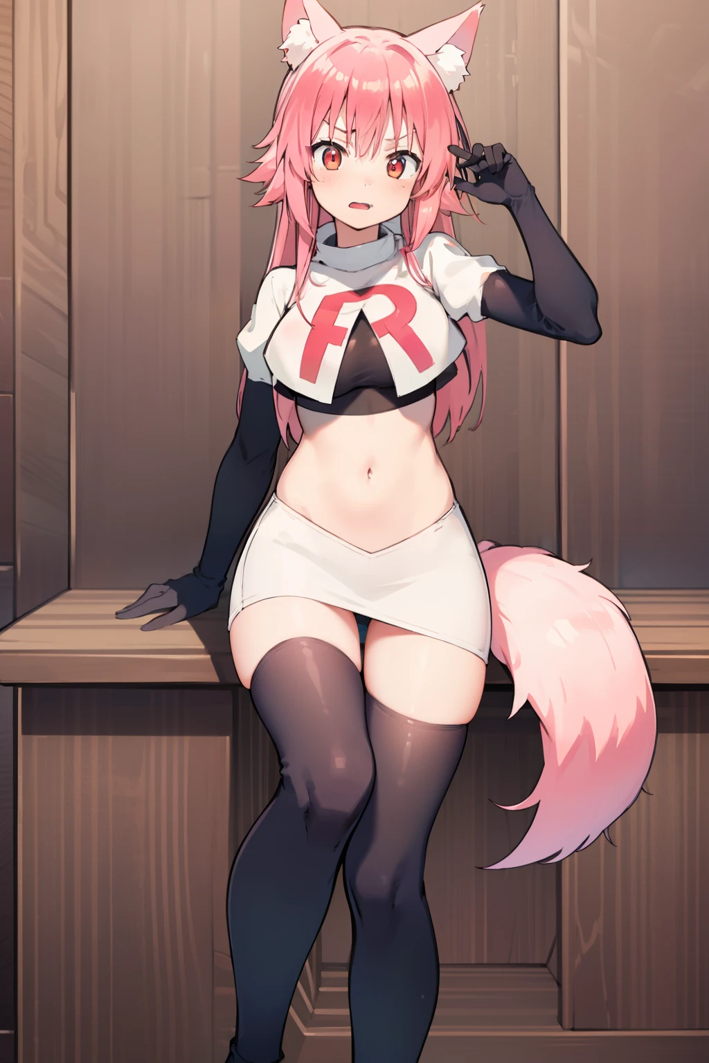 girl, Ranka Ookami,pink wolf ears, pink hair, pink wolf tail, team rocket,team rocket uniform,white skirt,red letter R,crop top,black thigh-highs,black elbow gloves