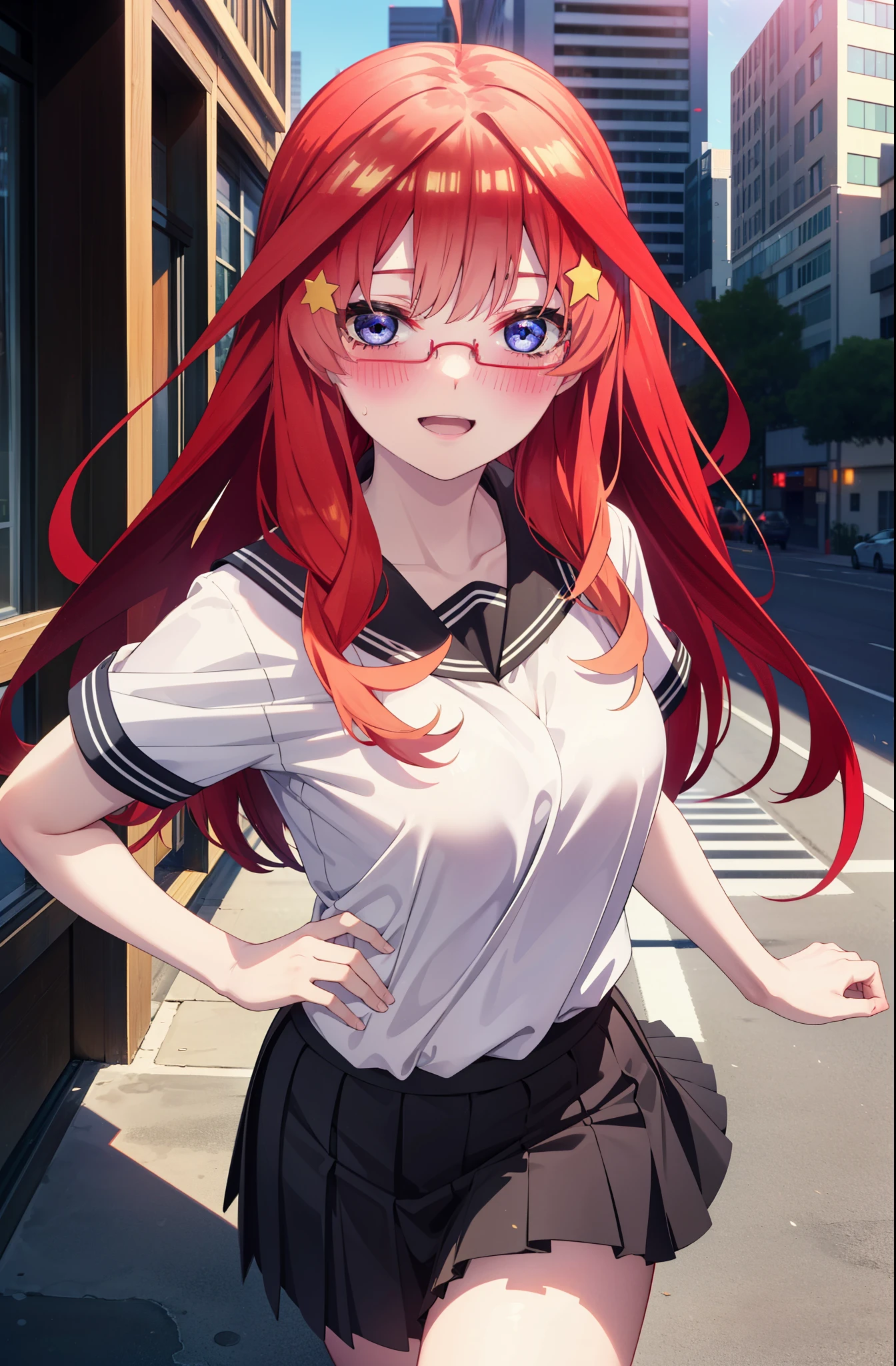 itsukinakano, Itsuki Nakano, bangs, blue eyes, Hair between the eyes, Ahoge, Redhead, star \(symbol\), hair ornaments, star 髪飾,blush,smile、happy smile, smile, Open your mouth,Akagi Glasses,Big Breasts,Japanese schoolgirl(Black Sailor Suit),Short sleeve,Black pleated skirt,Black knee-high socks,Brown Loafers,walk,morning,morning陽,The sun is rising,whole bodyがイラストに入るように,walk上から見下ろす,
break outdoors, city,construction area,
break looking at viewer, whole body,
break (masterpiece:1.2), highest quality, High resolution, unity 8k wallpaper, (shape:0.8), (Beautiful details:1.6), Highly detailed face, Perfect lighting, Extremely detailed CG, (Perfect hands, Perfect Anatomy),