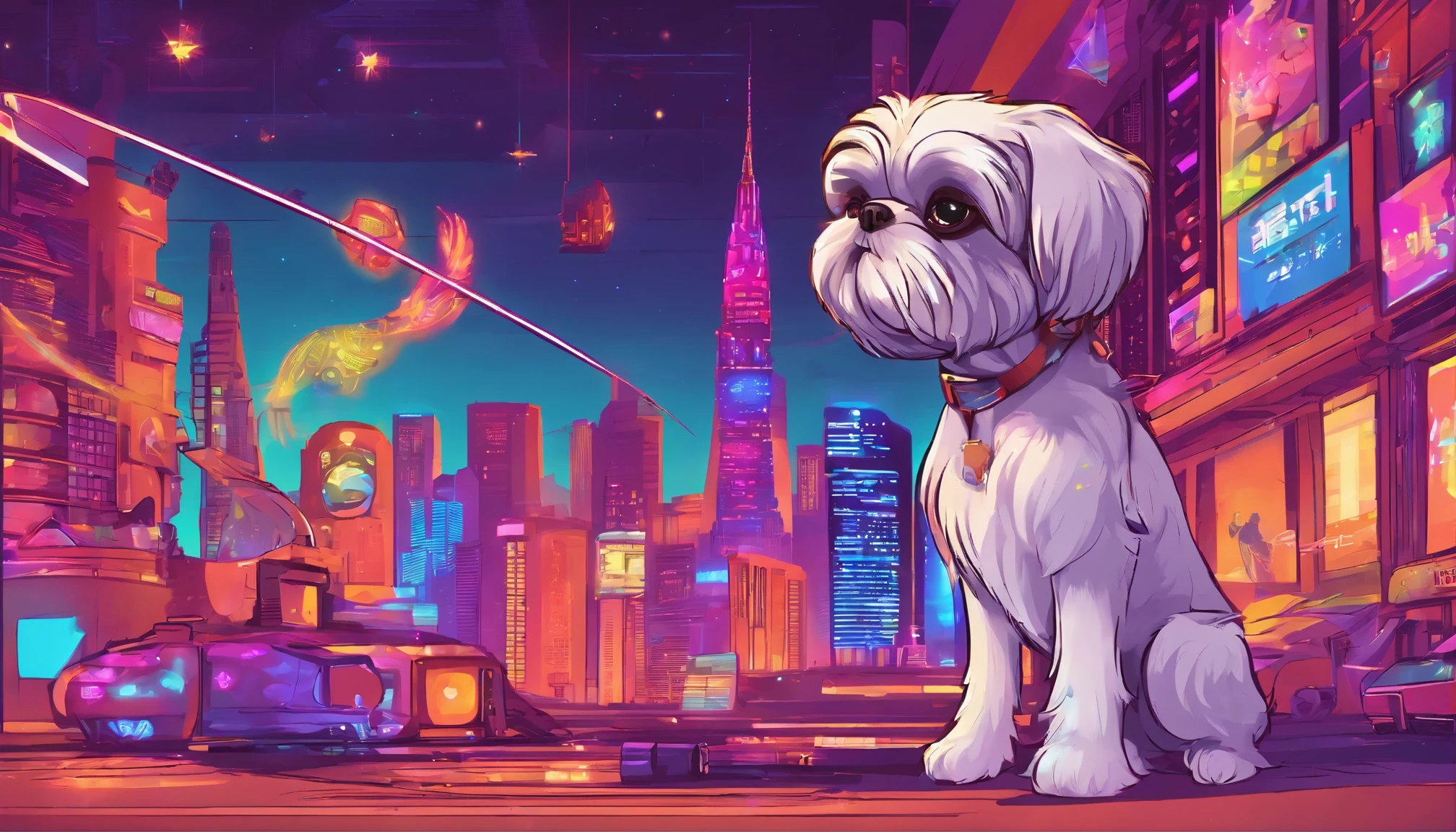 Kawaii Design, cute shih tzu dog on a white beach with seashells and starfish、starry night, lots of blues, purples, and some orange