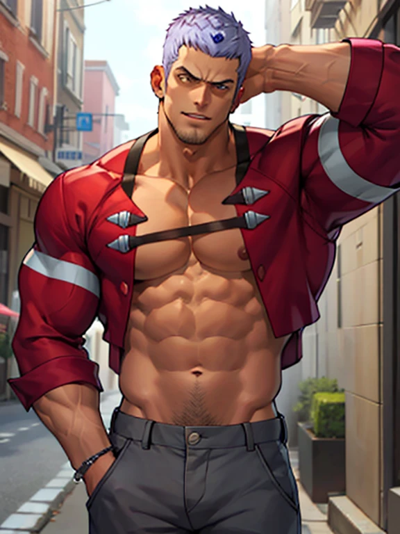 obra maestra, 1 chico, abdominales, bara, completamente desnudo,  heart gargantilla, Yashiro (kof), solo, mirando al espectador, cabello corto, fondo sencillo, guantes, 1 chico, Fondo blanco, joyas, chaqueta, parte superior del cuerpo, pelo blanco, enfoque masculino, heart, ropa abierta, gargantilla, open chaqueta, muscular, black gargantilla, abdominales, pectorales, muscular male, bara, red chaqueta, large pectorales, cuero, escote pectoral, Beckoning