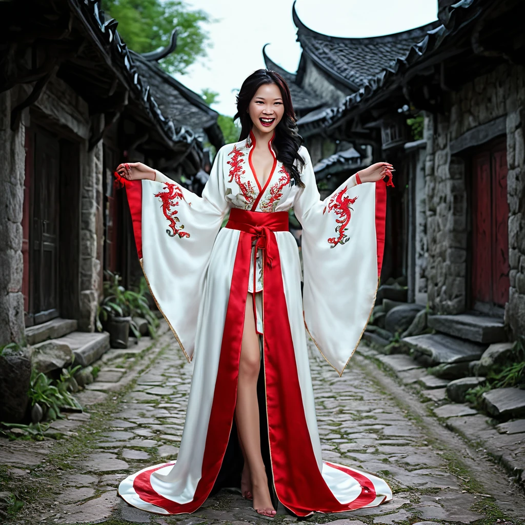A witchy Asian spirit, Malaysian woman, age 25, ankle length hair, corrupt billowing silken robes (intricate evil embroidery, dragon motif) with blood red trim (very sexy and revealing but still enough is covered to be SFW) , glowing eyes, and a unholy aura, she is laughing cruelly, she floats above a corrupt magic circle in a medieval European village, black serpentine Asian drakes slither around the edges of the scene(almost out of sight, almost out of reach). (best quality, 4k, highres, masterpiece:1.2), ultra-detailed, (realistic, photorealistic, photo-realistic:1.37), HDR, UHD, studio lighting, ultra-fine painting, sharp focus, physically-based rendering, extreme detail description, professional, vivid colors, bokeh, portraits, landscape, horror, anime, sci-fi, photography, concept artists, vibrant colors, soft lighting. Set in a medieval European village