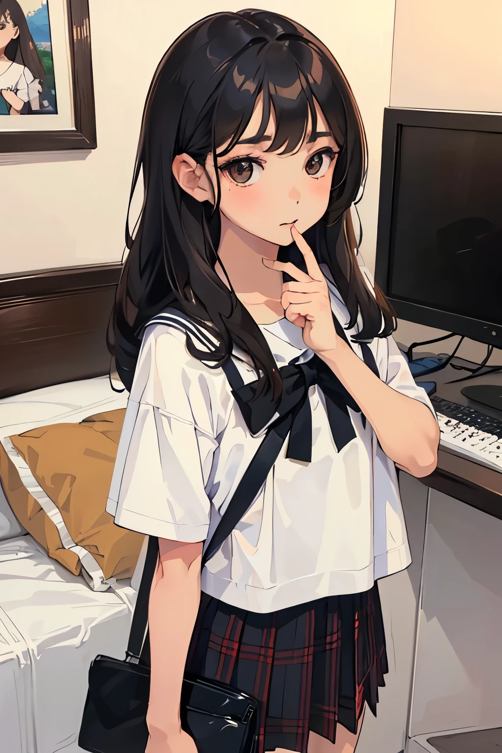 (child),highest quality,Beautiful face in every detail,cute,Dark brown eyes,(背の低いcute女の子,Small young student,Young delicate girl),(masterpiece,Top quality),Black Hair,Sleepy expression,Short sleeve,Plaid white skirt