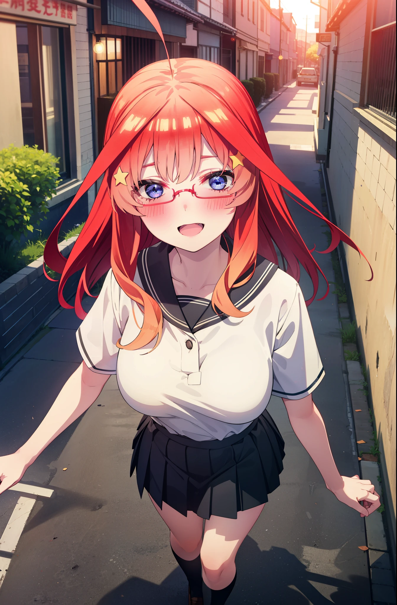 itsukinakano, Itsuki Nakano, bangs, blue eyes, Hair between the eyes, Ahoge, Redhead, star \(symbol\), hair ornaments, star 髪飾,blush,smile、happy smile, smile, Open your mouth,Akagi Glasses,Big Breasts,Japanese schoolgirl(Black Sailor Suit),Short sleeve,Black pleated skirt,Black knee-high socks,Brown Loafers,walk,morning,morning陽,The sun is rising,whole bodyがイラストに入るように,walk,Looking down from above,
break outdoors, city,construction area,
break looking at viewer, whole body,
break (masterpiece:1.2), highest quality, High resolution, unity 8k wallpaper, (shape:0.8), (Beautiful details:1.6), Highly detailed face, Perfect lighting, Extremely detailed CG, (Perfect hands, Perfect Anatomy),