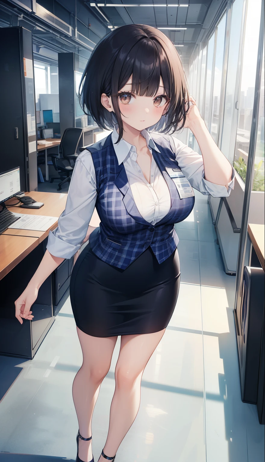 highest quality, Flying debris、Beautiful woman、officeレディー、Black Hair、(Brown eyes、Big Breasts)、short hair、チェック柄のダークブルーのofficeスーツ)、new employee,Full Body Shot、Female office lady、break(Dark blue checked vest、White dress shirt、Navy blue long tight pencil skirt:1.2)、(Black knee-high socks、Absolute area、High heels)、break(office:1.3)、Cleavage、Unbutton your shirt