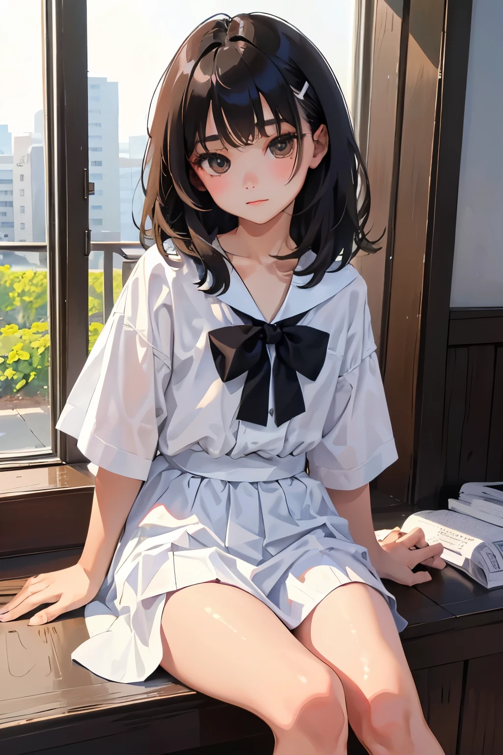 (child)，highest quality，Beautiful face in every detail，cute，Dark brown eyes，(背の低いcute女の子，Small young student，Young delicate girl）,（masterpiece，Top quality)，Black Hair，Sleepy expression，Short sleeve，Plaid white skirt