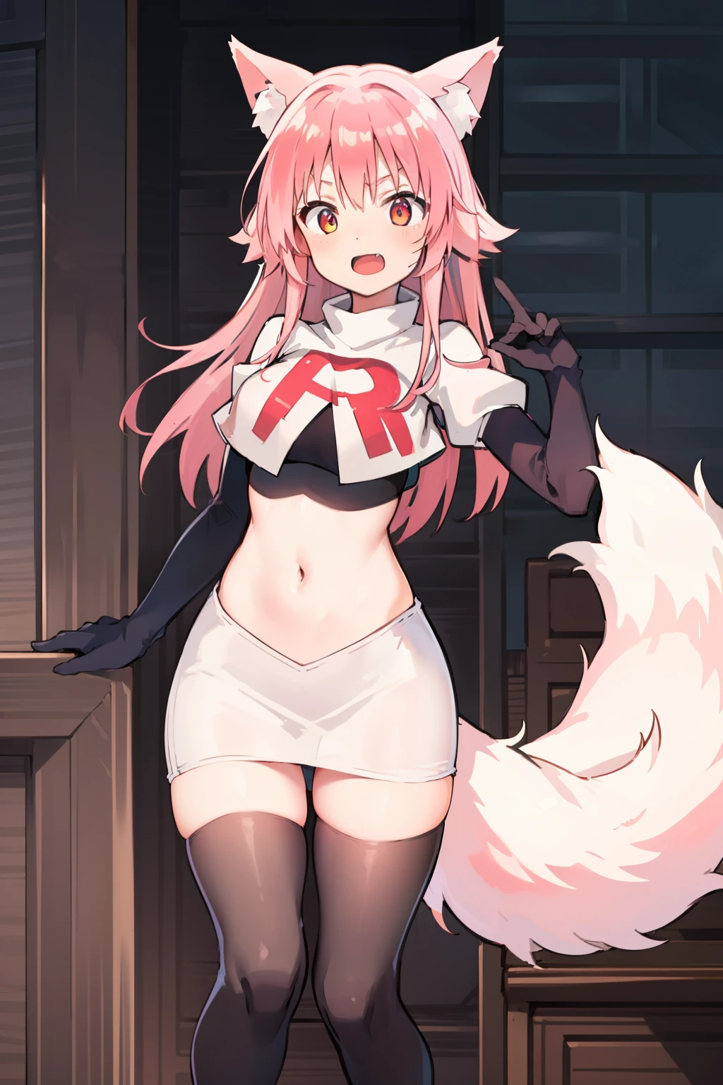 girl, Ranka Ookami,pink wolf ears, pink hair, pink wolf tail, team rocket,team rocket uniform,white skirt,red letter R,crop top,black thigh-highs,black elbow gloves