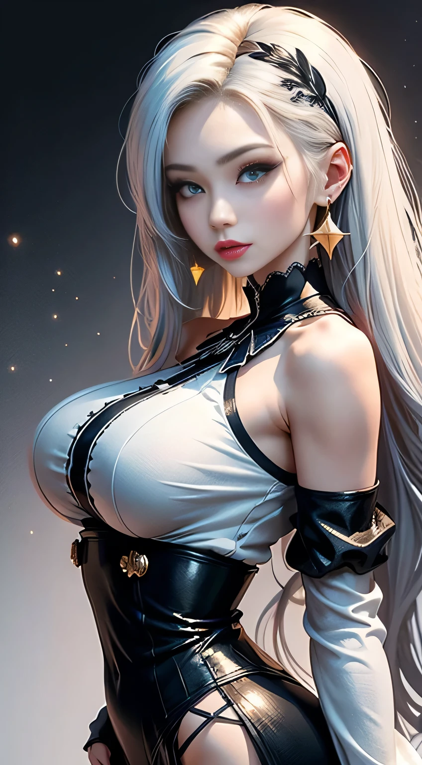 sfw, masterpiece,(masterpiece, top quality, best quality), 1girl, solo, long hair, jewelry, earrings, black background, looking at viewer, blue eyes, upper body, white hair, simple background, bangs, hand up, hair ornament, from side, light particles, bare shoulders, sparkle, long sleeves, breasts, blonde hair, dress, star (symbol), lips, eyelashes, wearing bra,((skinny waist)), young asian girl, ((big breasted)),