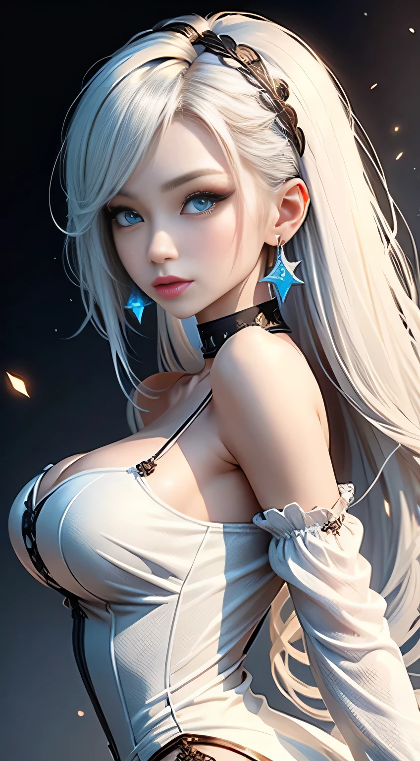 sfw, masterpiece,(masterpiece, top quality, best quality), 1girl, solo, long hair, jewelry, earrings, black background, looking at viewer, blue eyes, upper body, white hair, simple background, bangs, hand up, hair ornament, from side, light particles, bare shoulders, sparkle, long sleeves, breasts, blonde hair, dress, star (symbol), lips, eyelashes, wearing bra,((skinny waist)), young asian girl, ((big breasted)),