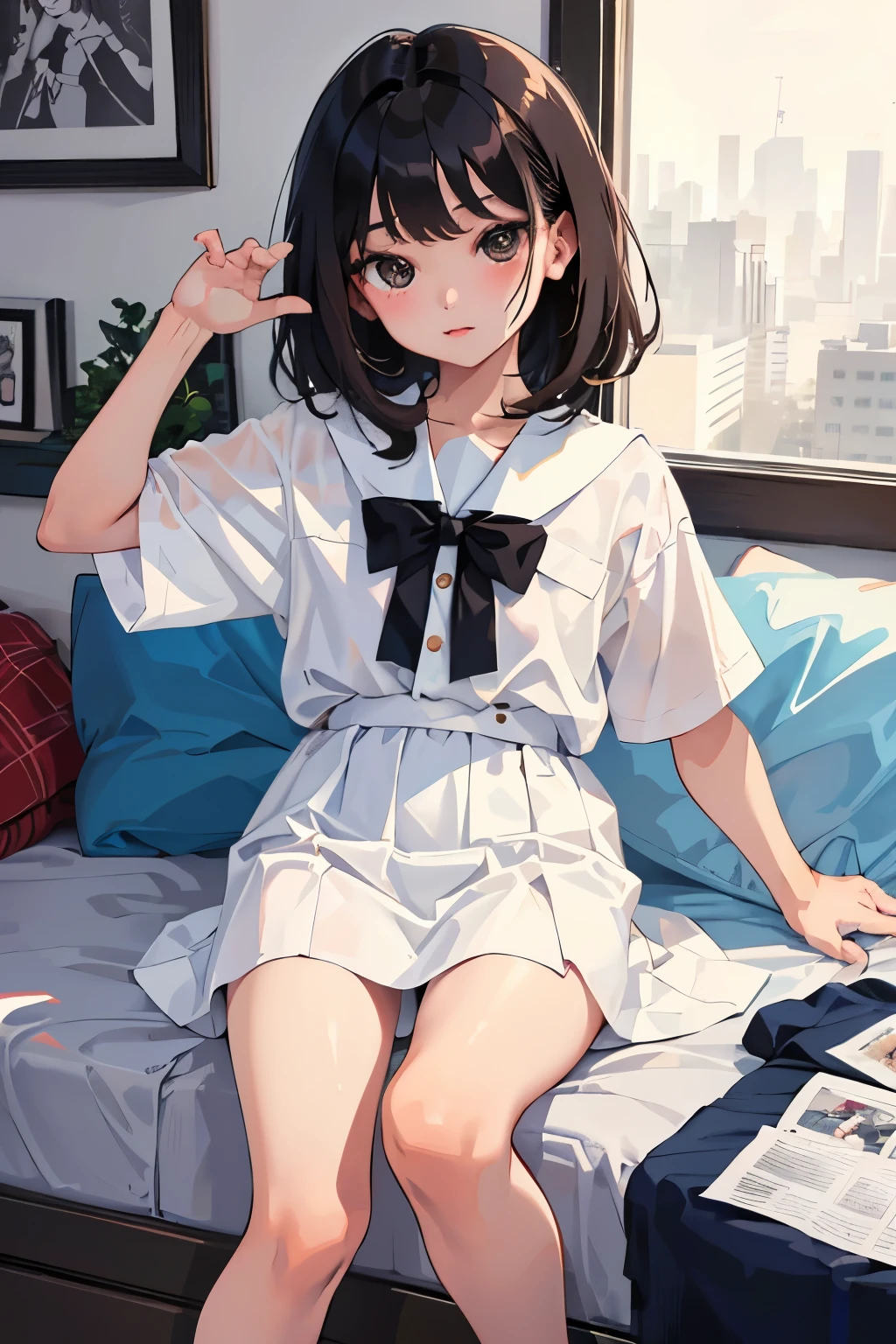 (child)，highest quality，Beautiful face in every detail，cute，Dark brown eyes，(背の低いcute女の子，Small young student，Young delicate girl）,（masterpiece，Top quality)，Black Hair，Sleepy expression，Short sleeve white shirt，Plaid white skirt