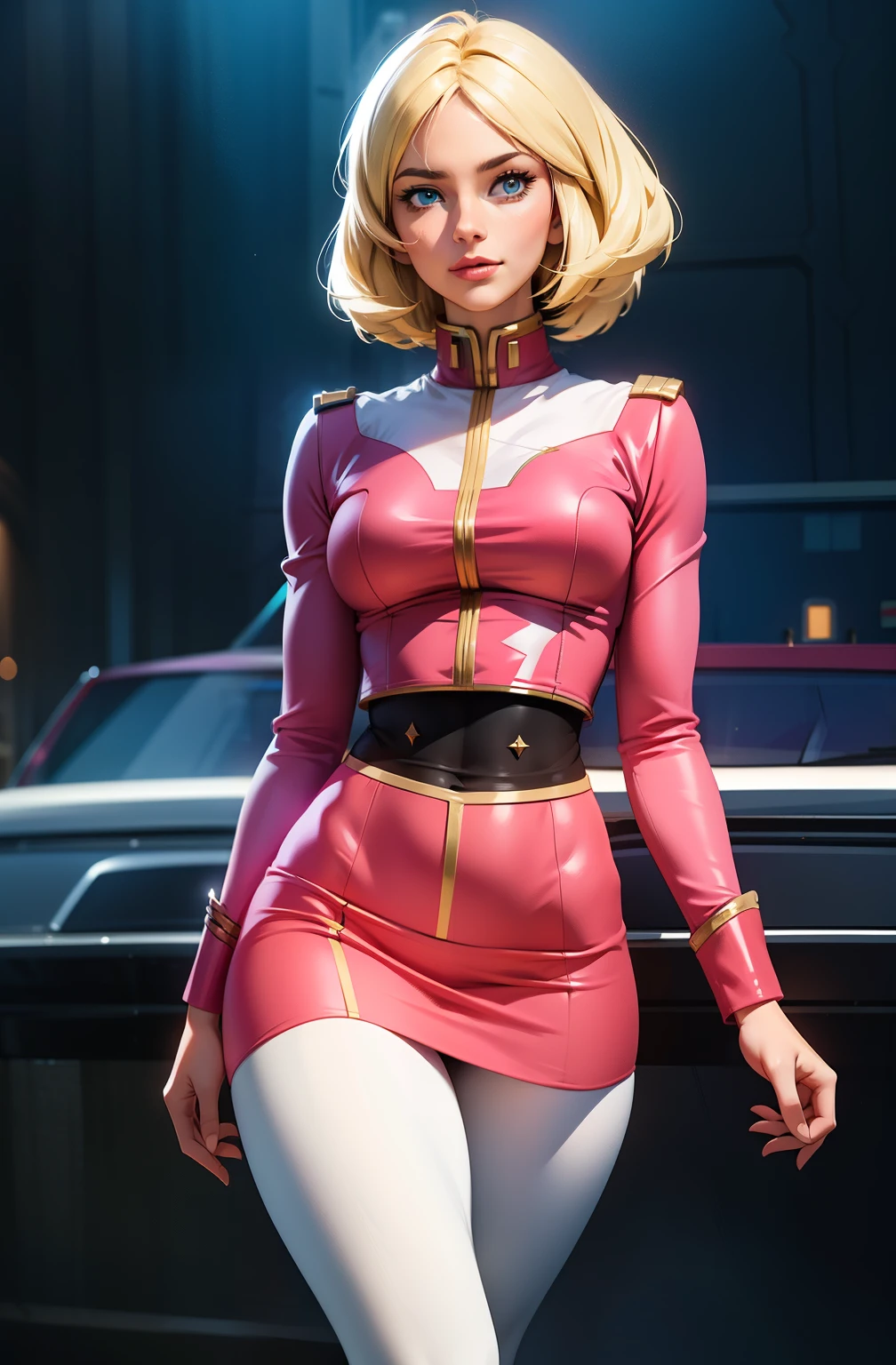 ((masterpiece)), ((cinematic lighting)), realistic photo、Real Images、Top image quality、1girl in, sayla mass, Elegant, masterpiece, Convoluted, slim arms, wide hips, thick thighs, thigh gaps, Best Quality, absurderes, high face detail, Perfect eyes, mature, Cowboy Shot, , Vibrant colors, soft pink uniform, soft pink Skirt, white tights, side view, looking at viewer