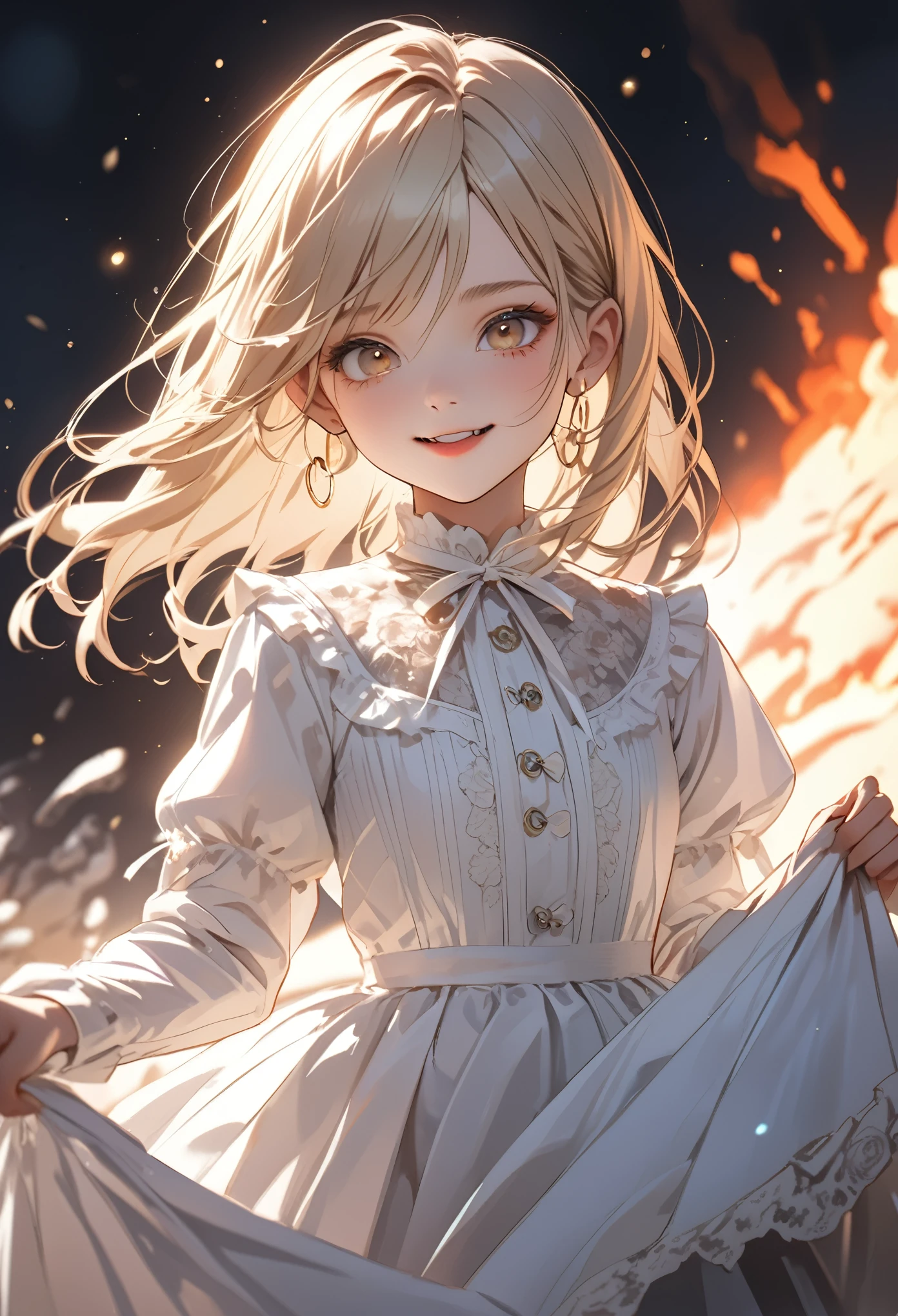 ((Masterpiece)), (Anime:1.5), ((best quality)), (sketch:0.3), (Professional Photography:1.2), (12 years old), ((1girl)), Textured skin, cinematic lighting, ((Beautiful Gothic Lolita pure-white-Dresses)), (very hoop-dress), Luxury roses embroidery, cute innocent young girl, ((loose swept bangs)), Slender and small breasts, (long silky blond hair), (gothic lolita makeup), ((bags under the eyes)), lower eyelashes, beautiful hair, naughty smile, open mouth, (blush), Light particles, ((Lift the skirt with hand)), (on the active volcanic zone), Spewing lava, AddXL