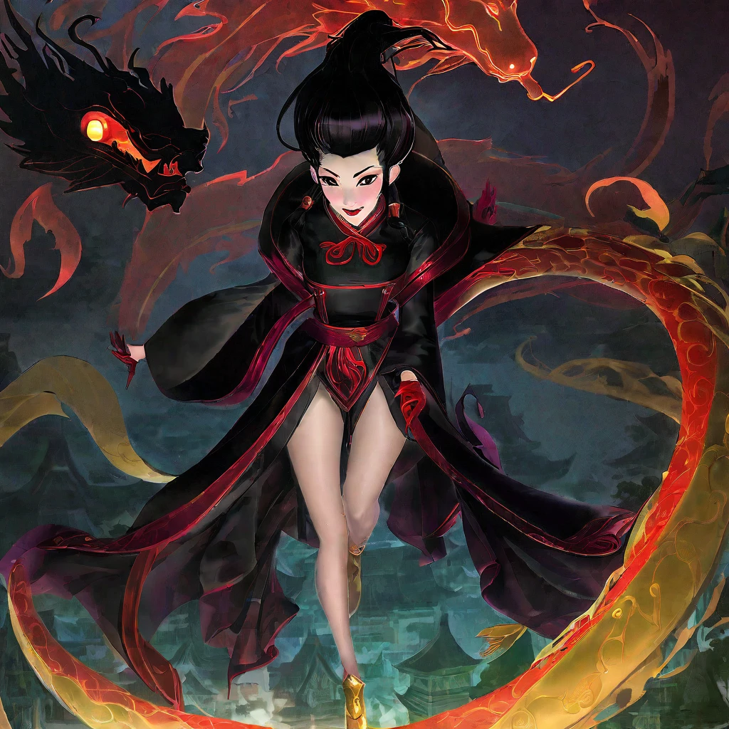 A witchy Asian spirit, Malaysian woman, age 25, ankle length hair, corrupt billowing silken robes (intricate evil embroidery, dragon motif) with blood red trim (very sexy and revealing but still enough is covered to be SFW) , glowing eyes, and a unholy aura, she is laughing cruelly, she floats above a corrupt magic circle in a medieval European village, black serpentine Asian drakes slither around the edges of the scene(almost out of sight, almost out of reach). (best quality, 4k, highres, masterpiece:1.2), ultra-detailed, (realistic, photorealistic, photo-realistic:1.37), HDR, UHD, studio lighting, ultra-fine painting, sharp focus, physically-based rendering, extreme detail description, professional, vivid colors, bokeh, portraits, landscape, horror, anime, sci-fi, photography, concept artists, vibrant colors, soft lighting. Set in a medieval European village
