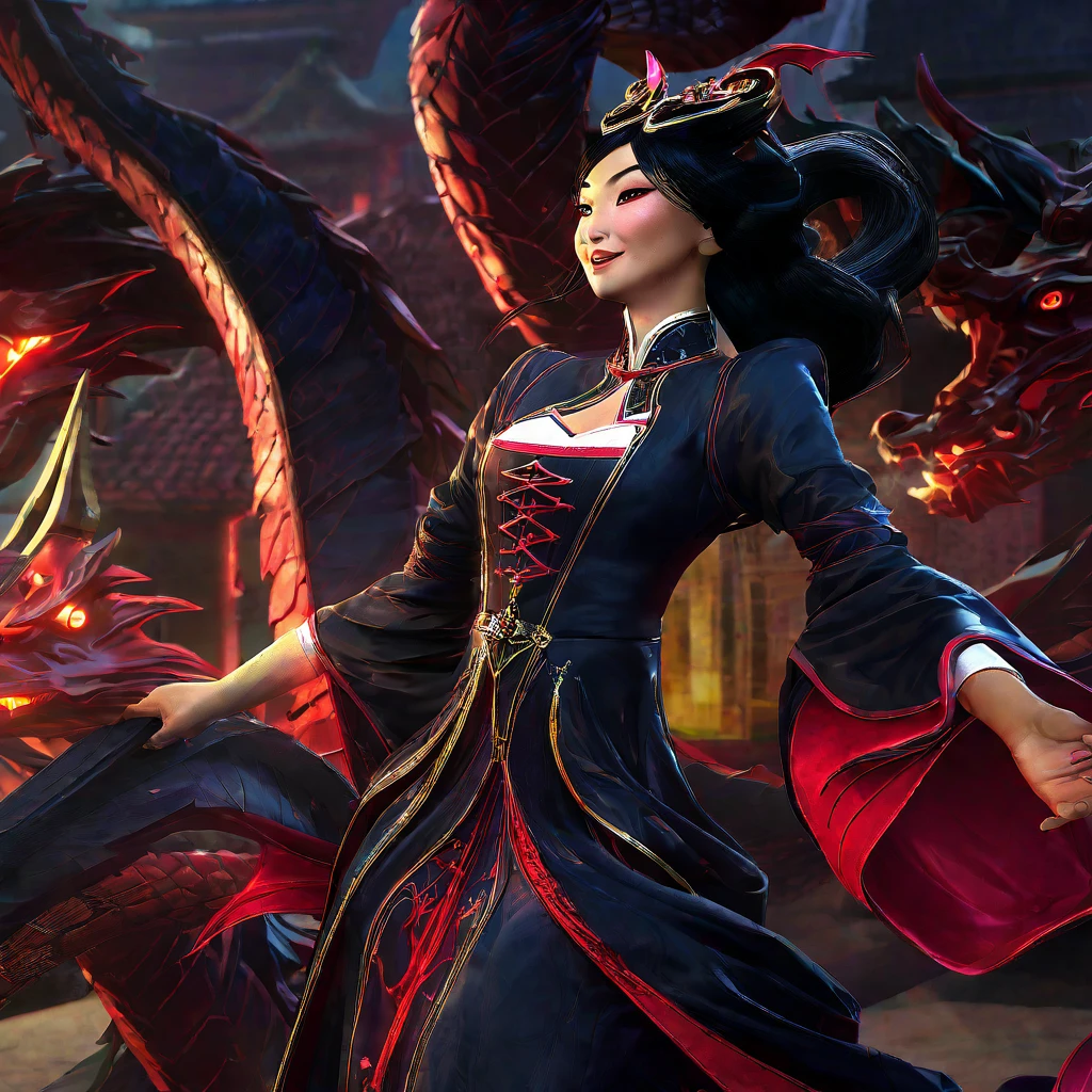 A witchy Asian spirit, Malaysian woman, age 25, ankle length hair, corrupt billowing silken robes (intricate evil embroidery, dragon motif) with blood red trim (very sexy and revealing but still enough is covered to be SFW) , glowing eyes, and a unholy aura, she is laughing cruelly, she floats above a corrupt magic circle in a medieval European village, black serpentine Asian drakes slither around the edges of the scene(almost out of sight, almost out of reach). (best quality, 4k, highres, masterpiece:1.2), ultra-detailed, (realistic, photorealistic, photo-realistic:1.37), HDR, UHD, studio lighting, ultra-fine painting, sharp focus, physically-based rendering, extreme detail description, professional, vivid colors, bokeh, portraits, landscape, horror, anime, sci-fi, photography, concept artists, vibrant colors, soft lighting. Set in a medieval European village
