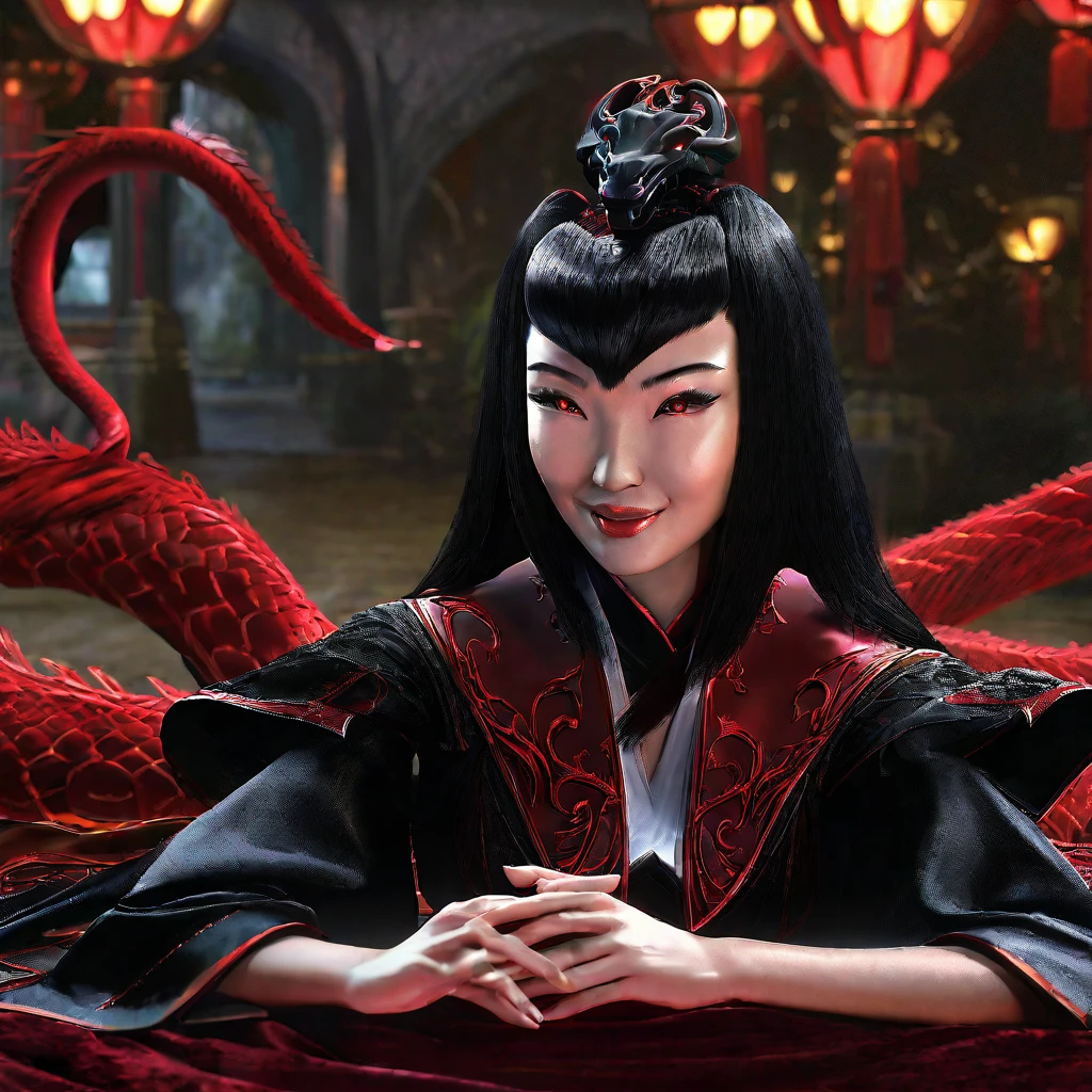 A witchy Asian spirit, Malaysian woman, age 25, ankle length hair, corrupt billowing silken robes (intricate evil embroidery, dragon motif) with blood red trim (very sexy and revealing but still enough is covered to be SFW) , glowing eyes, and a unholy aura, she is laughing cruelly, she floats above a corrupt magic circle in a medieval European village, black serpentine Asian drakes slither around the edges of the scene(almost out of sight, almost out of reach). (best quality, 4k, highres, masterpiece:1.2), ultra-detailed, (realistic, photorealistic, photo-realistic:1.37), HDR, UHD, studio lighting, ultra-fine painting, sharp focus, physically-based rendering, extreme detail description, professional, vivid colors, bokeh, portraits, landscape, horror, anime, sci-fi, photography, concept artists, vibrant colors, soft lighting. Set in a medieval European village
