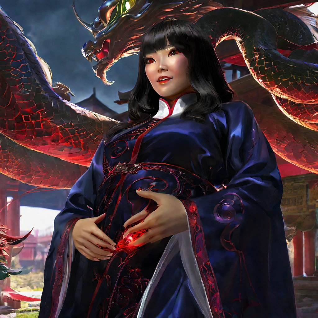 A witchy Asian spirit, Malaysian woman, age 25, ankle length hair, corrupt billowing silken robes (intricate evil embroidery, dragon motif) with blood red trim (very sexy and revealing but still enough is covered to be SFW) , glowing eyes, and a unholy aura, she is laughing cruelly, she floats above a corrupt magic circle in a medieval European village, black serpentine Asian drakes slither around the edges of the scene(almost out of sight, almost out of reach). (best quality, 4k, highres, masterpiece:1.2), ultra-detailed, (realistic, photorealistic, photo-realistic:1.37), HDR, UHD, studio lighting, ultra-fine painting, sharp focus, physically-based rendering, extreme detail description, professional, vivid colors, bokeh, portraits, landscape, horror, anime, sci-fi, photography, concept artists, vibrant colors, soft lighting. Set in a medieval European village