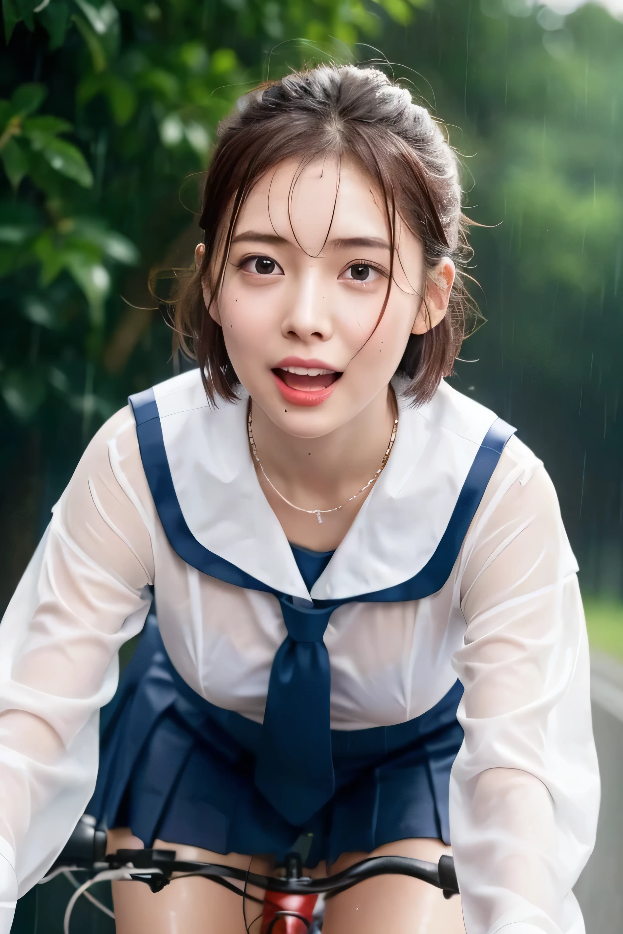 One Girl in the Rain、Blushing cheeks、((Red Bicycle))、((Riding a bike))、gazing at viewer、Heavy rain、large full breasts、A sheer sailor suit that sticks to your chest when wet、skirt by the、Girl in Japan uniform and girl in the rain 、Pedaling a bike in the rain、florals、hair pin、a necklace、piercings、Getting wet and leaning forward、from below looking up、depth of fields、pointed red mouth、short hair of reddish-brown color wet and shiny,,,,,,,,Red mouth,Black eyes、鎖骨、Beautiful fingers、Hourglass body、portrait of a full body、Loosen your tie、Wet cute face、