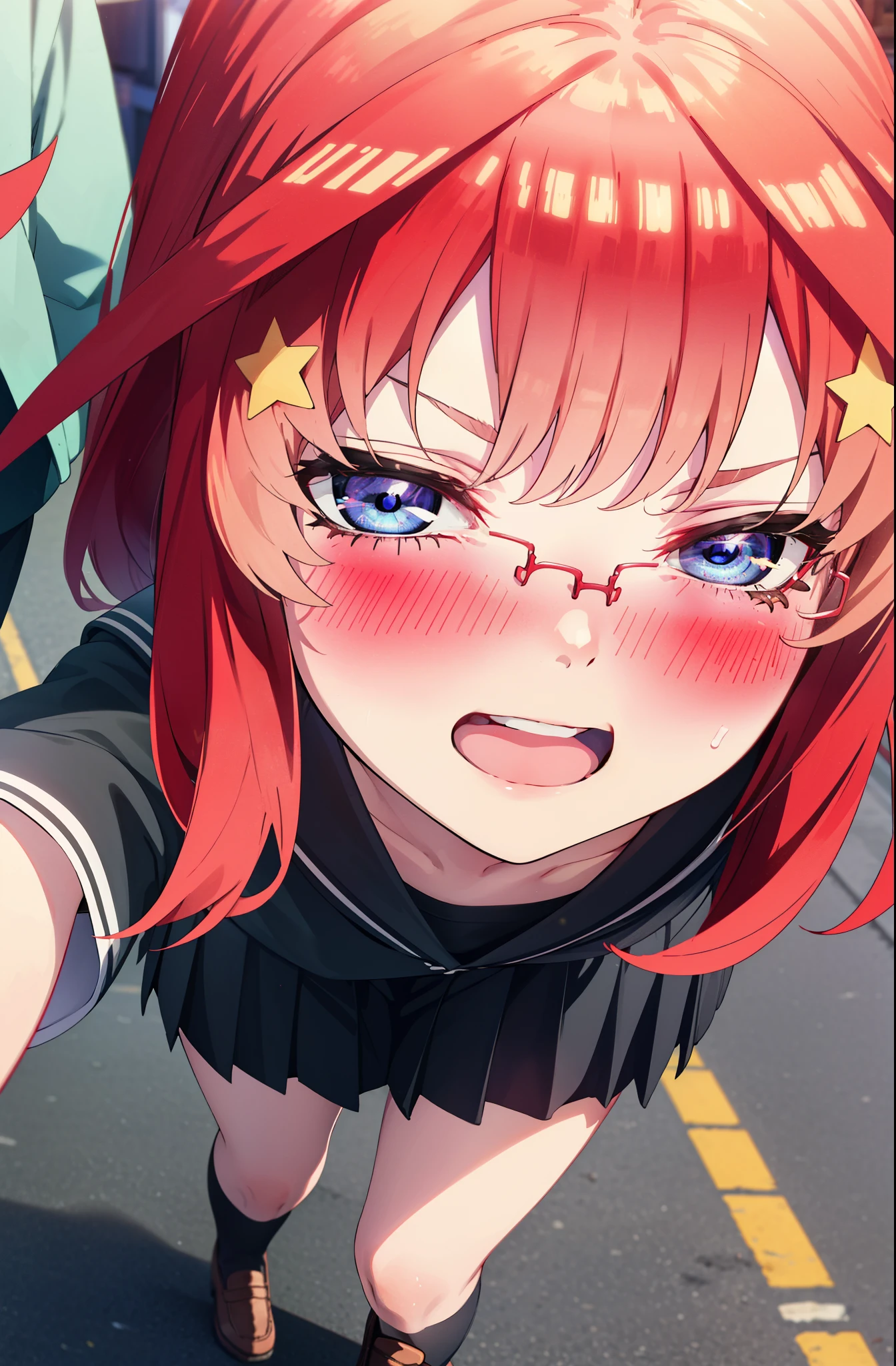 itsukinakano, Itsuki Nakano, bangs, blue eyes, Hair between the eyes, Ahoge, Redhead, star \(symbol\), hair ornaments, star 髪飾,blush,smile、happy smile, smile, Open your mouth,Akagi Glasses,Big Breasts,Japanese schoolgirl(Black Sailor Suit),Short sleeve,Black pleated skirt,Black knee-high socks,Brown Loafers,walk,morning,morning陽,The sun is rising,whole bodyがイラストに入るように,walk,Looking down from above,
break outdoors, city,construction area,
break looking at viewer, whole body,
break (masterpiece:1.2), highest quality, High resolution, unity 8k wallpaper, (shape:0.8), (Beautiful details:1.6), Highly detailed face, Perfect lighting, Extremely detailed CG, (Perfect hands, Perfect Anatomy),