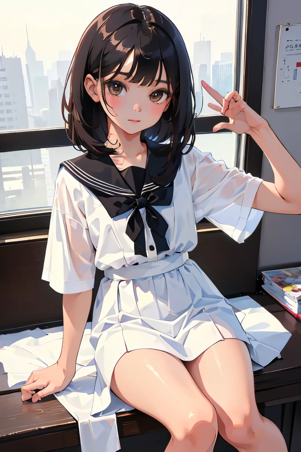 (child),highest quality,Beautiful face in every detail,cute,Dark brown eyes,(背の低いcute女の子,Small young student,Young delicate girl),(masterpiece,Top quality),Black Hair,Sleepy expression,Short sleeve white shirt,Colorful checked skirt