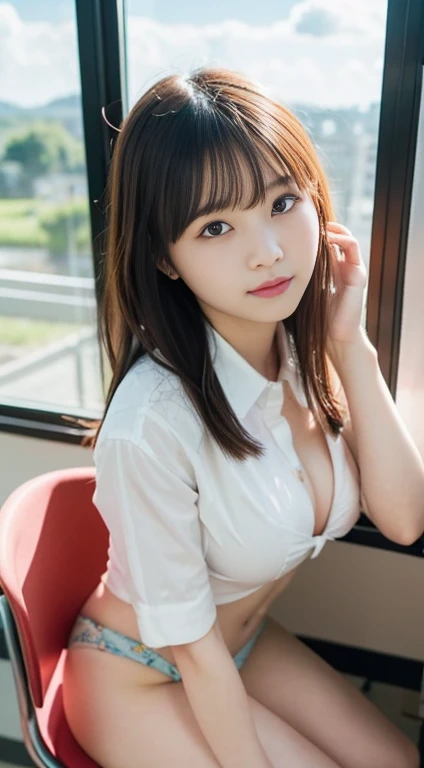 One girl、、 (alone)、(Thrust up the chest)、18 year old student、(Sitting in a school chair by the window)、She is in a bad mood、(Super beautiful girl:1.5)、(Large Breasts:1.2)、Tight blouse、(一张细致的face)、Textured Skin、face、Voluptuous thighs、Bare leg hair、(uniform)、high school、classroom、School desks and chairs、Out of the window, I can see the sea, the summer sky, and cumulonimbus clouds.、Heterochromia iridis