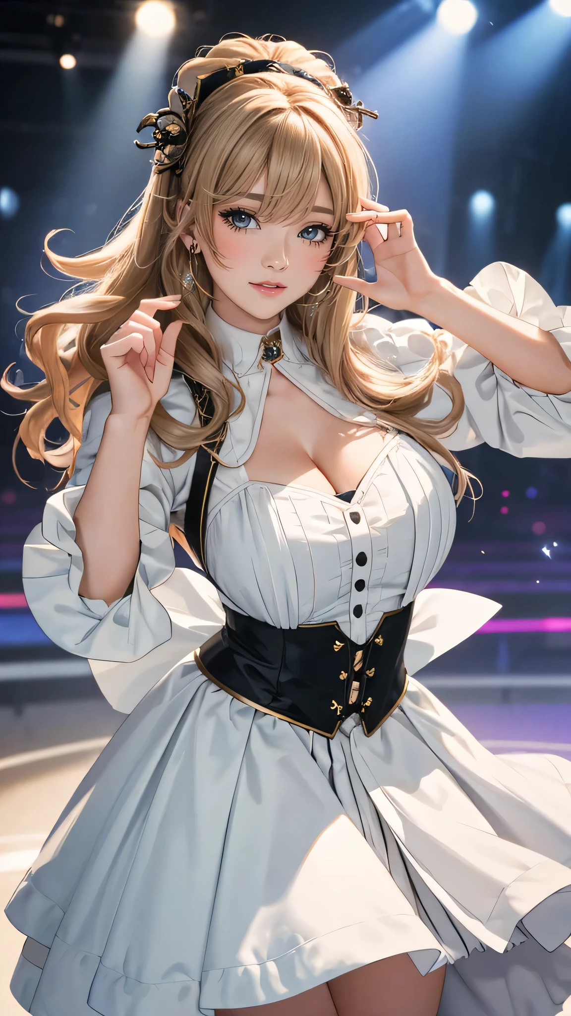 random Idol costume,(sing:1.2),(Random Pose),(Thin type),(large breasts),(random hairstyle),(Highest image quality, (8K), Ultra-realistic, Best Quality, High quality, High Definition, high quality texture, high detailing, Beautiful detailed, fine detailed, extremely details CG, Detailed texture, realistic representation of face, masterpiece, presence)