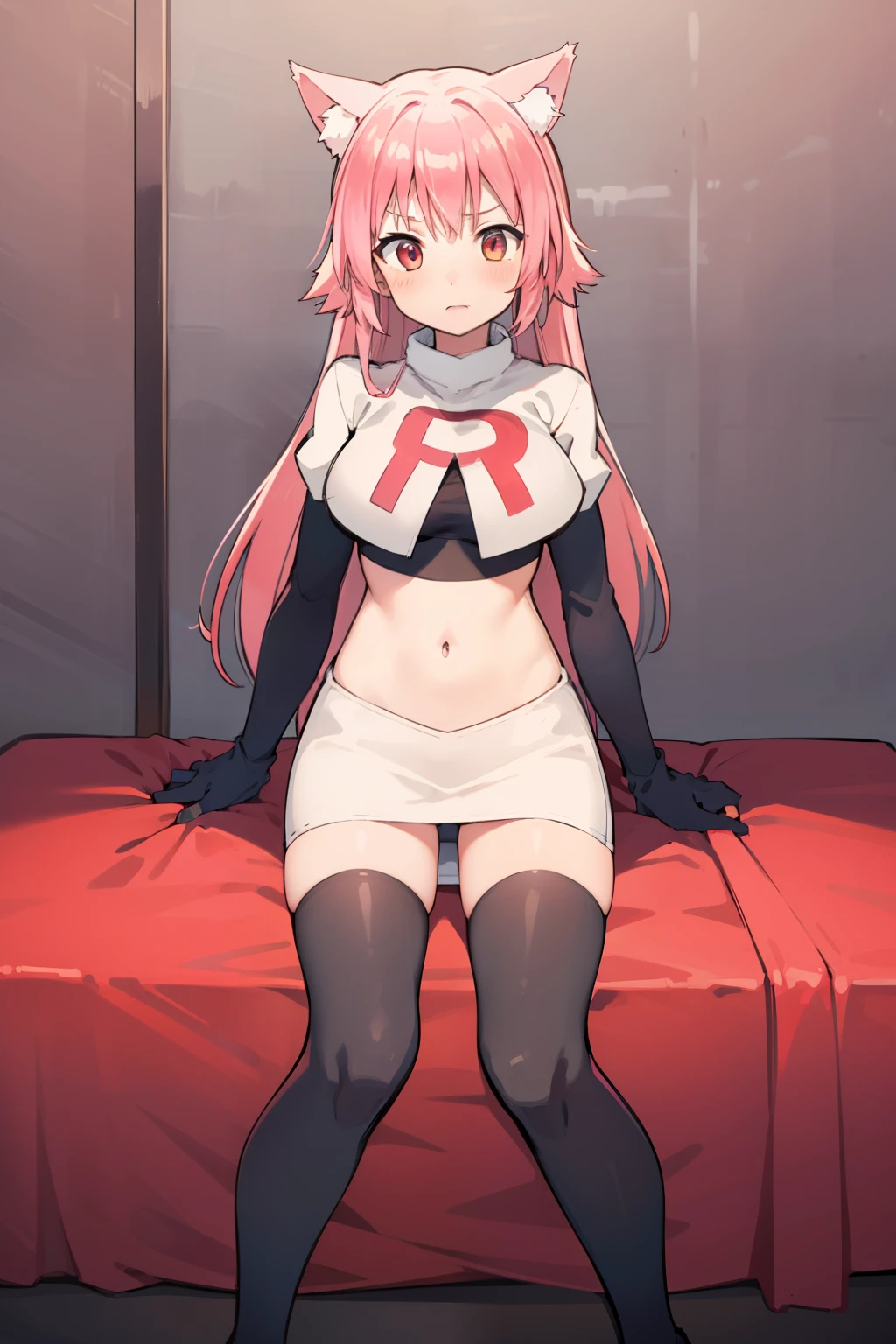 girl, Ranka Ookami,pink wolf ears, pink hair, pink wolf tail, team rocket,team rocket uniform,white skirt,red letter R,crop top,black thigh-highs,black elbow gloves