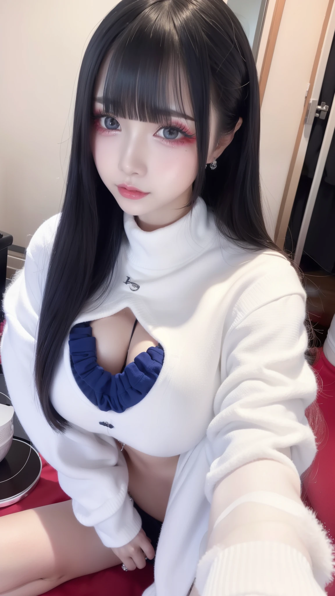 highest quality、8k、32k、masterpiece、Super vivid、Highest quality、8k full vision, Cinematic lighting:1.2)、(Blue right), One Girl、Long Hair Girl、Beautiful Japanese Women、Black-haired、Heavy bangs、Long sleeve shirt、Hair length、Fluffy white sweater、Accentuate your breasts、choker、(Super big boobs:1.5), (jirai type fashion、jirai type makeup, Jirai Type Girl), Sparkling under-eye bags、red glitter eye makeup, From feet to head、
indoor、moonlit room、Dark Room、dim、A room in an apartment with a sense of life、A messy room、Messy room、