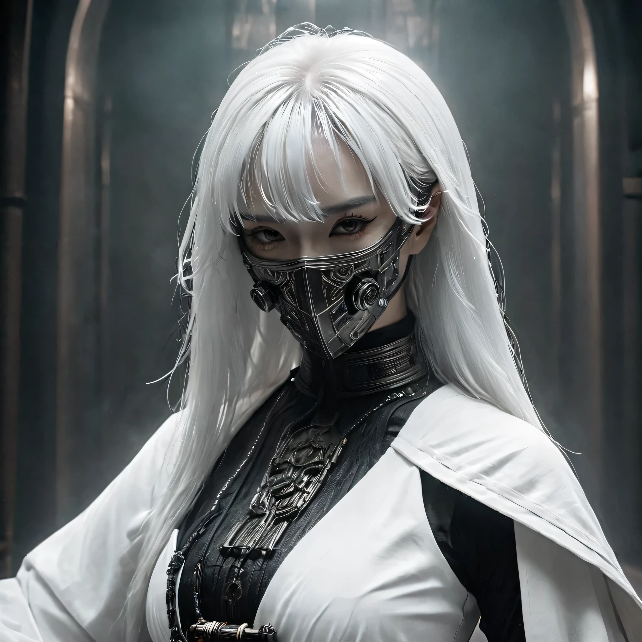 Arafed image of a person wearing white clothing and a mask, A very beautiful cyberpunk samurai, gothic - cyberpunk, Orthodox cyberpunk, Rococo Cyberpunk, ornamental gothic - cyberpunk, Gorgeous cosplay, occult cyberpunk, Mysterious Post-Apocalyptic Cyborg, Steampunk Angel, Ultra-detailed fantasy characters, Steampunk aesthetics, Steampunk fantasy style, japanese gothic, Hypergoth, Beautiful female demon warrior,Full Body