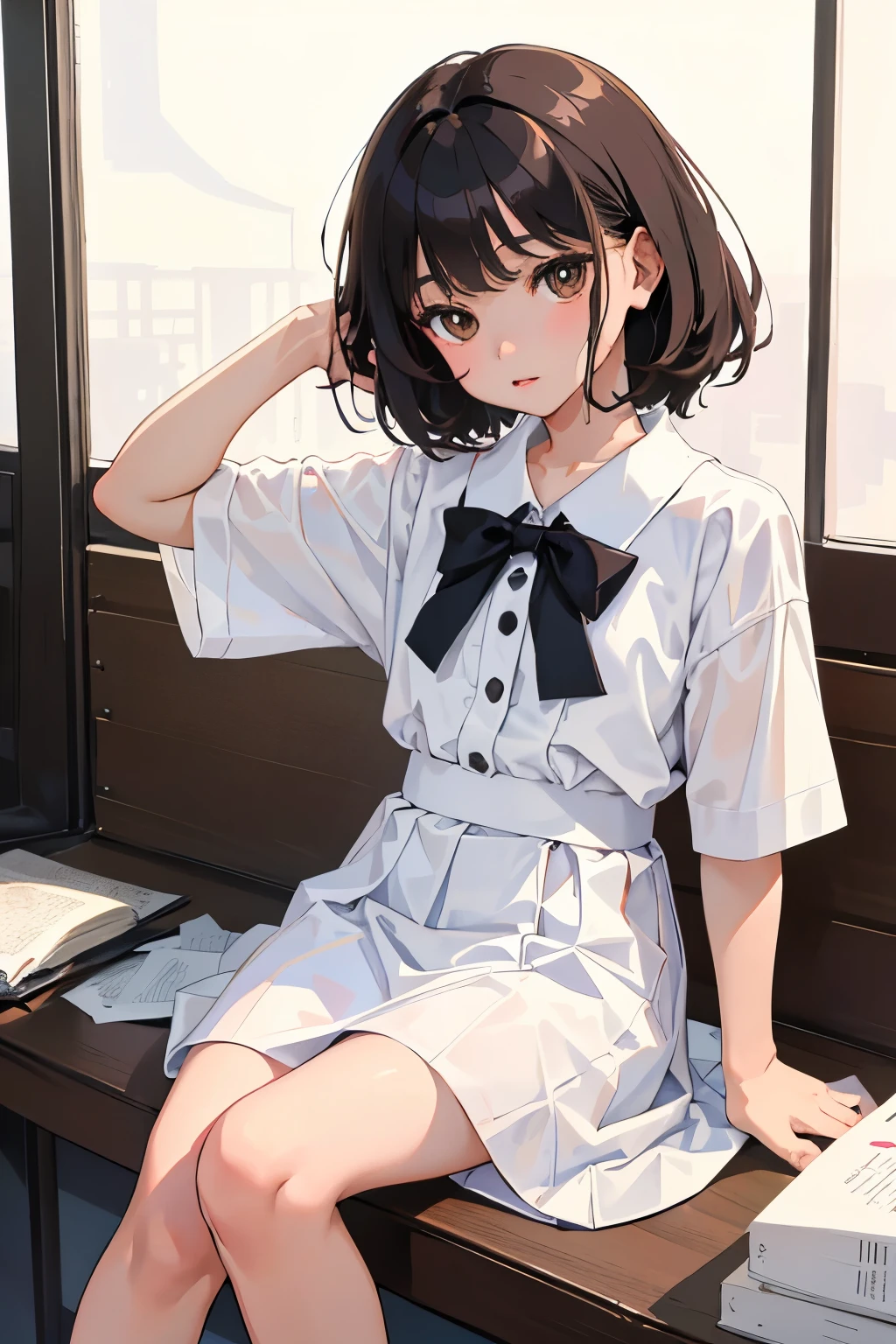 (),highest quality,Beautiful face in every detail,cute,Dark brown eyes,(背の低いcute女の子,Smallg student,Yoicate girl),(masterpiece,Top quality),Black Hair,Sleepy expression,Short sleeve white shirt,Plaid white skirt
