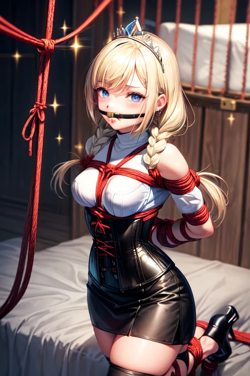 Shiny blond hair, very long hair, sophisticated haircut, ((((hair fully braided)))), ((small twisted braids)), thin and oval face, submissive, (((gagged))), ((((black tight corset)))), ((((tight skirt)))), cute and blushing 18 years old anime girl, look away because she is embarrassed and blushes, bright blue eyes, detailed face, detailed members, detailed arms, detailed hands, ((((sparkling diamond jewelry)))), tiara, ((makeup)), high heels, puffy sleeves, long gloves, long eyelashes, Girl lying, tied by ropes, shackled, can no longer move, tied tightly, very hard tied up with lots of ropes, hampered by so many ropes that she can no longer move, bound hands and feet, ropes tie his whole body, tied extremely tightly and forcefully to her bed by a lot of ropes, its limbs are strongly tied together by ropes, his torso is tied up with thick cords, her chest is so tied up with ropes that it sticks out, her legs are tied tightly with thick ropes, his hands are tied behind his back with ropes, she can no longer move her feet, her hands which are tied by thick ropes, she desperately tries to free herself, likes to be tied tight with big ropes, likes to be immobilized by big ropes, lying down, his hands and feet are strongly tied to the railing of his bed, his legs are pressed together and tied with ropes, its limbs are held vigorously by imposing ropes, her hands are tied securely behind her back by ropes, her chest is compressed by strong ropes, she is pressed against her bed and restrained by large ropes (shibari, arms behind the back:1.4), (hands on the back), (masterpiece, best quality) 1.5, 1girl, solo, (sexy, beautiful woman, perfect face, perfect eyes, perfect hands), samus aran, (shibari, arms behind the back:1.4), (hands on the back), Spread the legs, s&#39; ((lie in bed by big ropes)), ((close up of the girl)), ((((lie in bed))))