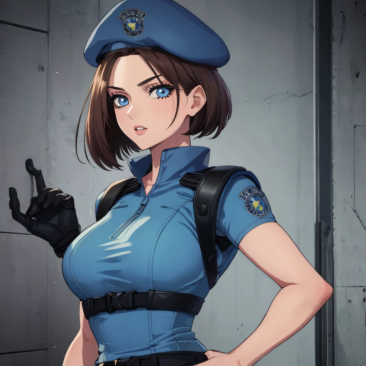 Jill Valentine, rosto lateral, masterpiece, best quality, 1girl, solo, standing, jillre1, beret, uniform, shoulder pads, short sleeves, harness, belt, pants, unmoving pattern, peitos grandes, bunda grande, ela esta mostrando a lateral, decote, peitos grandes, ela esta olhando para a lateral, olhos perfeitos, boca vermelha perfeita,