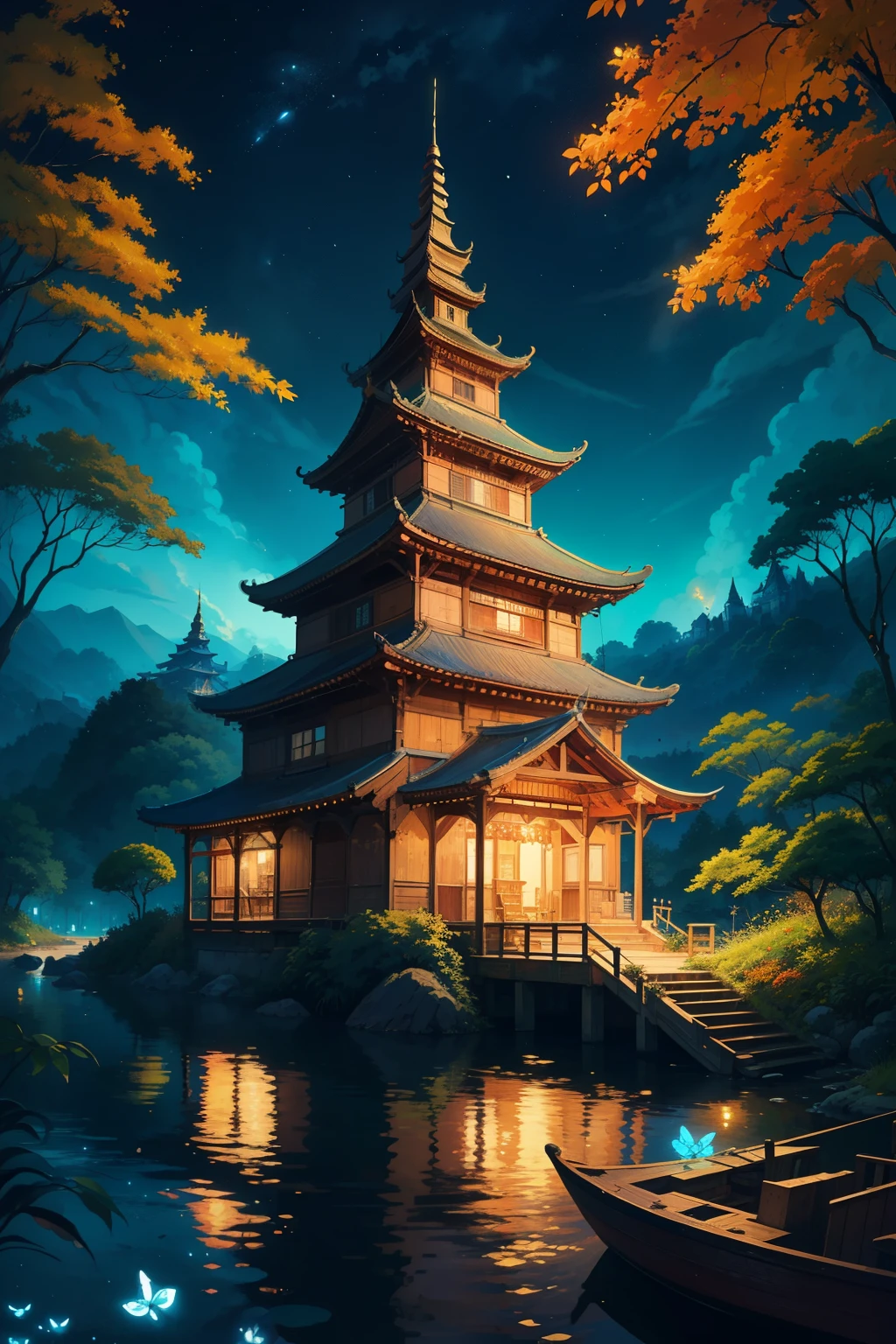 boat and a village, anime scenery, high detailed artwork, background art, 8k high quality detailed art,  anime background art ,(glowing fireflies and butterfiles )(greenery view), (bright blue shinning sky), (night view), (borkeh effect), (far view), pagodas, autumn, autumn leaves