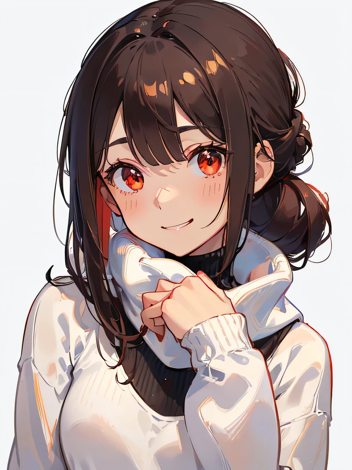 hi quality,1 female, agers,((brown messy single chignon)),beautiful small breasts,thin black turtleneck inner wear,white oversized sweat ,good style,,(facing the front)(((cheeks turn red、shy smiley expression)),((( upper body portrait))),from front,deep red eyes,(((The bangs are even))) ,white background