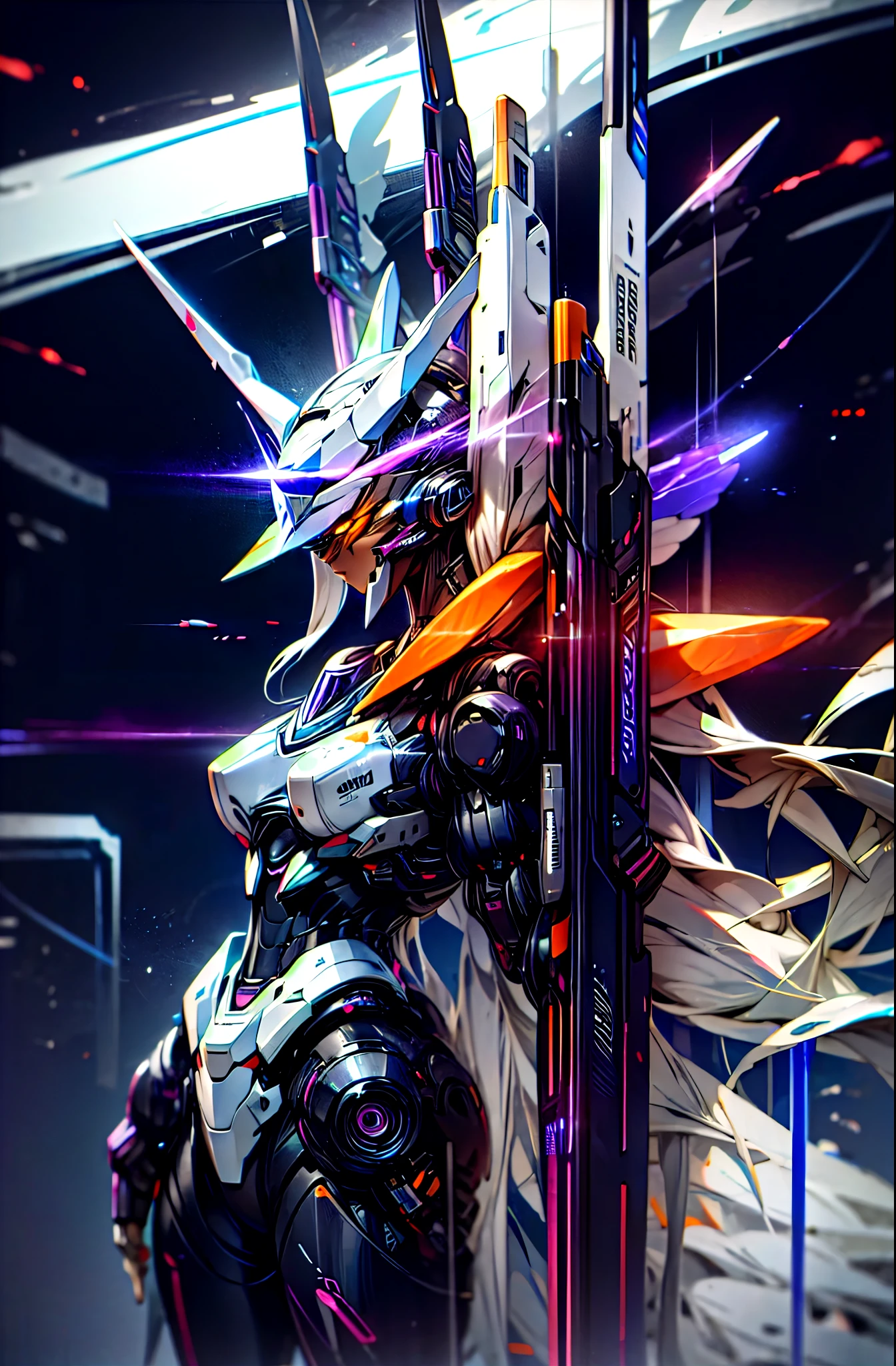 cyber punk,giant robot、Appeared in the night city、1 robot、cyber bunny、White body with purple accents、Armed with a carrot blade、hyper realistic、guardian,dark hero