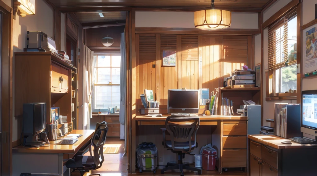 Anime wall behind the wooden desk and computer on wooden desk metallic cupboard on side
