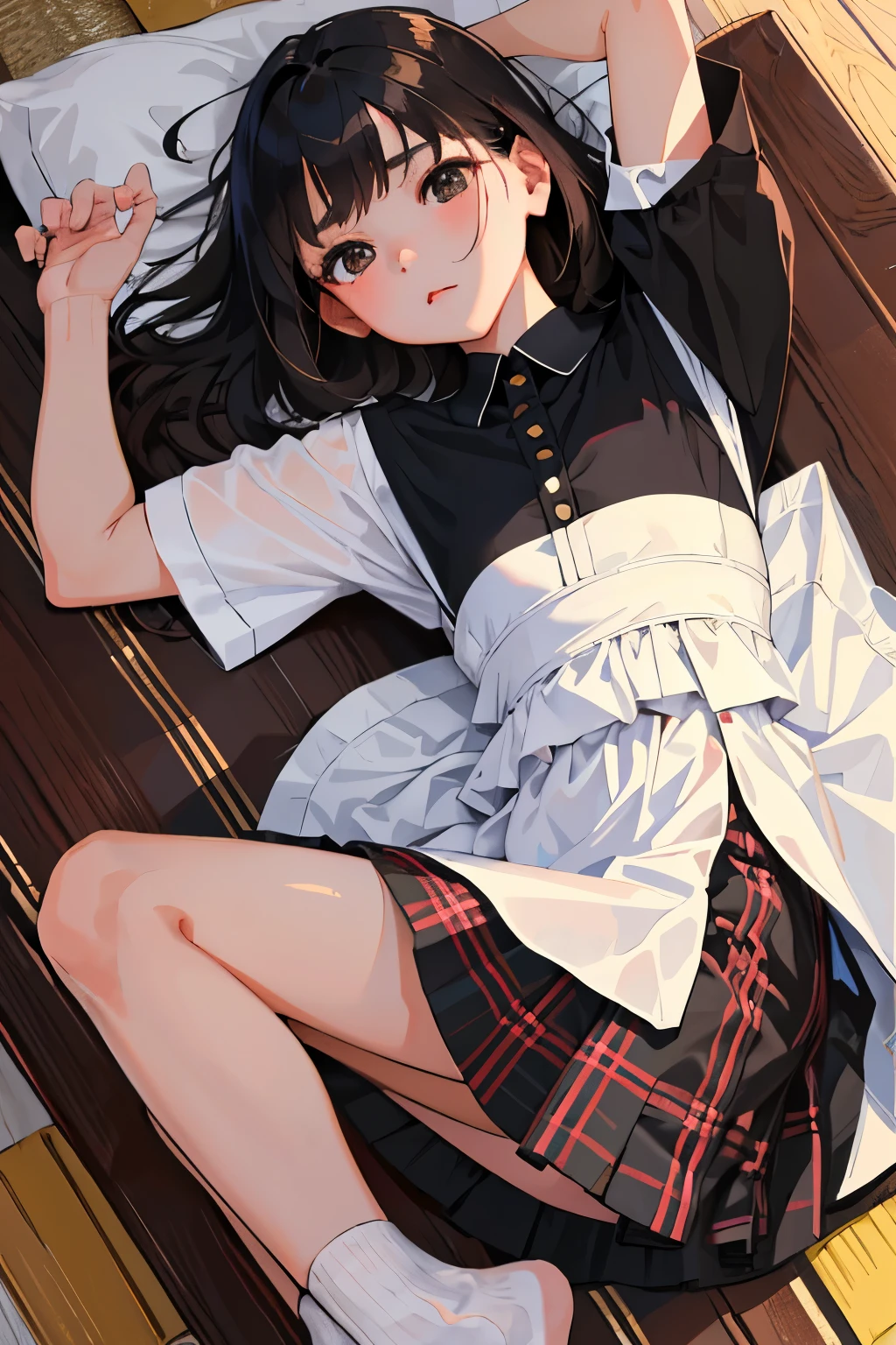 ()，highest quality，Beautiful face in every detail，cute，Dark brown eyes，(背の低いcute女の子，Smallg student，Yoicate girl）,（masterpiece，Top quality)，Black Hair，Sleepy expression，Short sleeve white shirt，Colorful checked skirt，garden