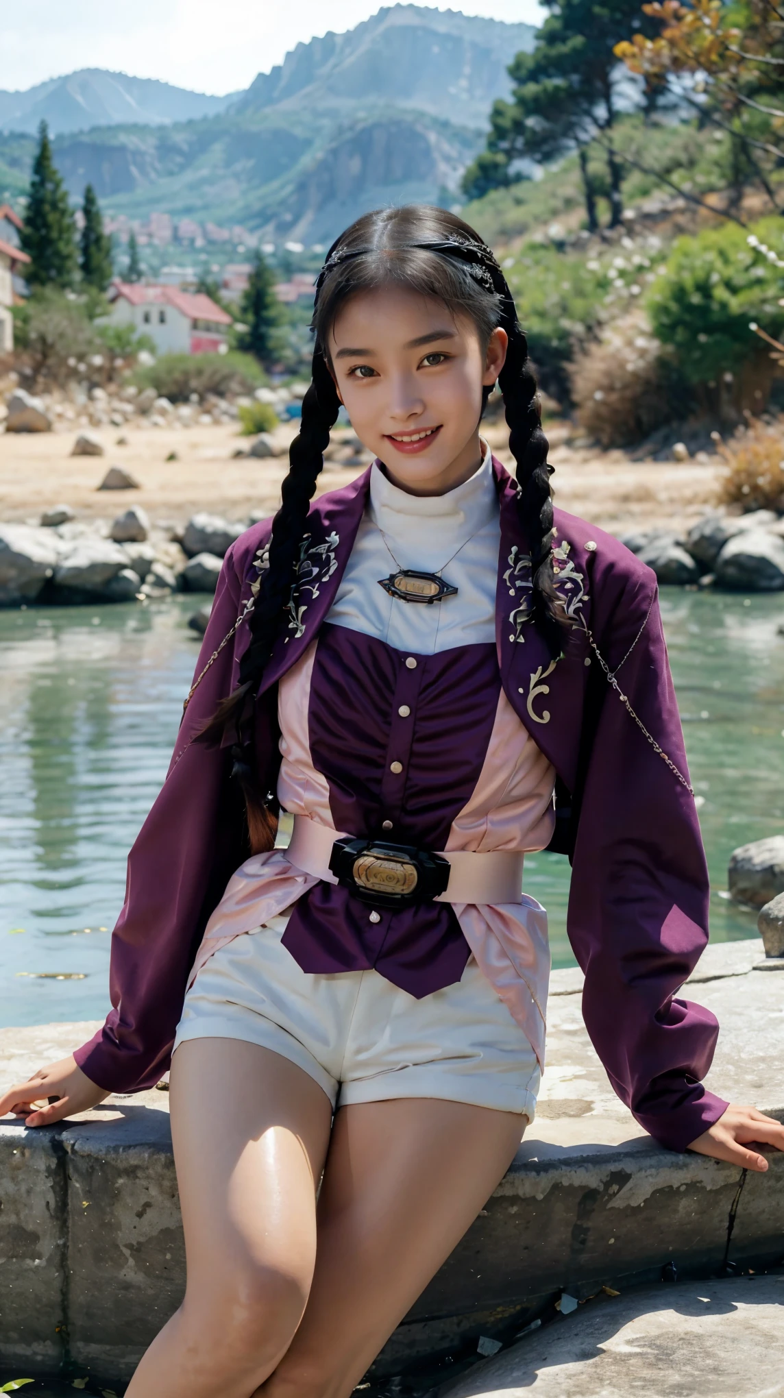 (extremely detailed CG), (best quality), (((1girl))), (((solo))), perfect face,  shiny skin, lustrous skin, wide hips, narrow waist,  ,MeiZyu,jacket,white shorts, braid,twin braids,hairband,long sleeves, shorts, belt, black hair,smile, outdoors, nsture, lying on lake