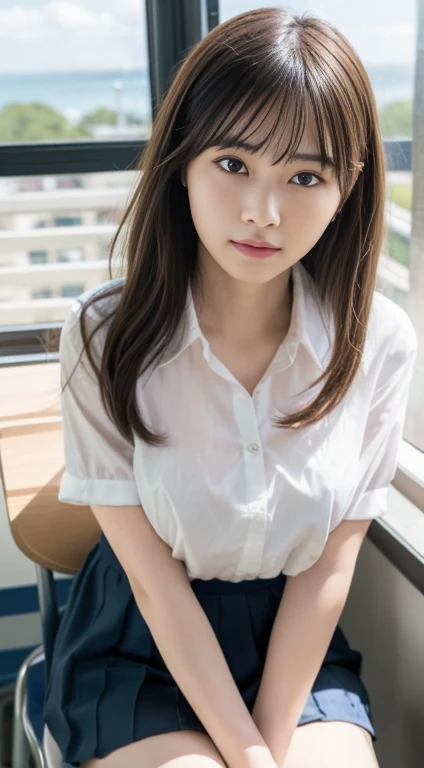One girl、、 (alone)、(Thrust up the chest)、18 year old student、(Sitting in a school chair by the window)、She is in a bad mood、(Super beautiful girl:1.5)、(Large Breasts:1.2)、Tight blouse、(一张细致的face)、Textured Skin、face、Voluptuous thighs、Bare leg hair、(uniform)、high school、classroom、School desks and chairs、Out of the window, I can see the sea, the summer sky, and cumulonimbus clouds.、Heterochromia iridis