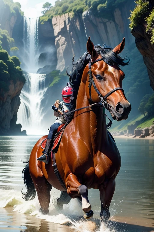 cavalo marrom realista em uma lagoa, por artista desconhecido, symmetrical, pelo e pele detalhados, Tiro longo Os equinos precisam de um local para que possam se exercitar. Create a space for him to run, brincar e se divertir. Assim, you guarantee his physical and mental health, colaborando para a sua longevidade.Para manter os cascos do cavalo em dia, The ideal is to always leave the animal's horseshoe clean, nova e ajustada de acordo com as necessidades dele. Nesses casos, The best option is to visit a blacksmith to ensure that your horse's oral hygiene is essential for the animal's well-being., Frequent bathing and brushing help protect you from infestation by parasites such as lice and ticks. Para isso, basta usar um shampoo apropriado e dar um belo banho toda a seman