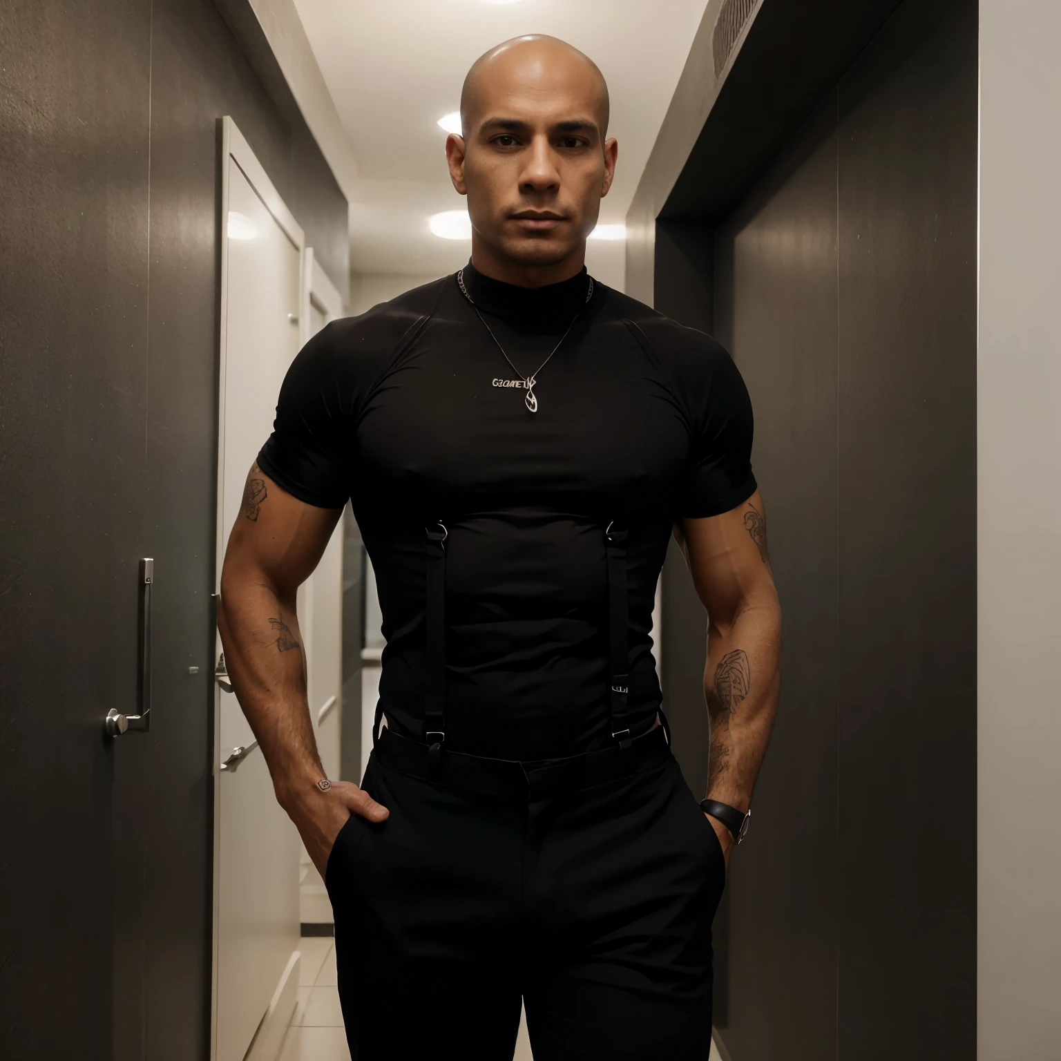 Homem Careca, athletic body, sem camisa, in black pants, suspender, Black Dress Pants, Coturno Preto.