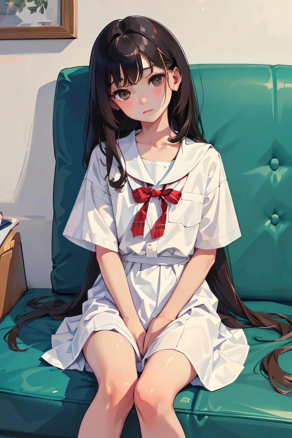 Masterpiece、Highest quality、highest quality、(((Lori)))、 ((Embarrassed))、Shiny hair quality、Small face、Sitting、Super detailed, beautiful, wide eyes、Ultra-detailed, clear and beautiful faces、(cute illustration:1.2), High-resolution, ultra-detailed, best quality, embarrassed