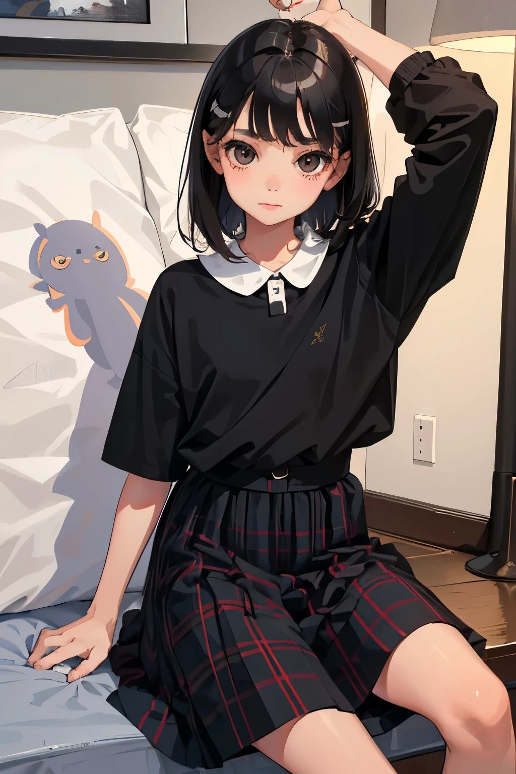(),highest quality,Beautiful face in every detail,cute,Dark brown eyes,(背の低いcute女の子,Smallg student,Yoicate girl),(masterpiece,Top quality),Black Hair,Sleepy expression,Short sleeve,Plaid white skirt