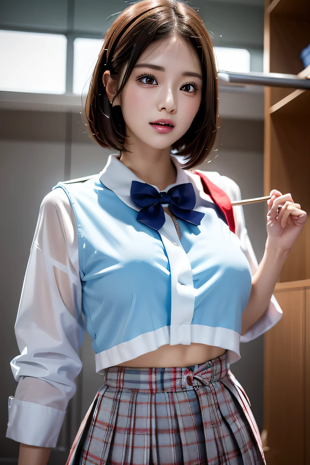 (((locker room))),(((Change clothes in the changing room:1.3))),(((clothes on hangers:1.3))),(((Sailor suit))),(((Pleated skirt that exposes skin))),(Dark red bow tie:1.3),Cute Face,Extreme close up of face,Silver short hair,Cute angry face,Perfect round face,iris,Floating Hair,Big Breasts.Professional Lighting,Cinematic Light,(Tabletop,highest quality,Ultra-high resolution output images,) ,(8K quality,),(Picture Mode Ultra HD,)
