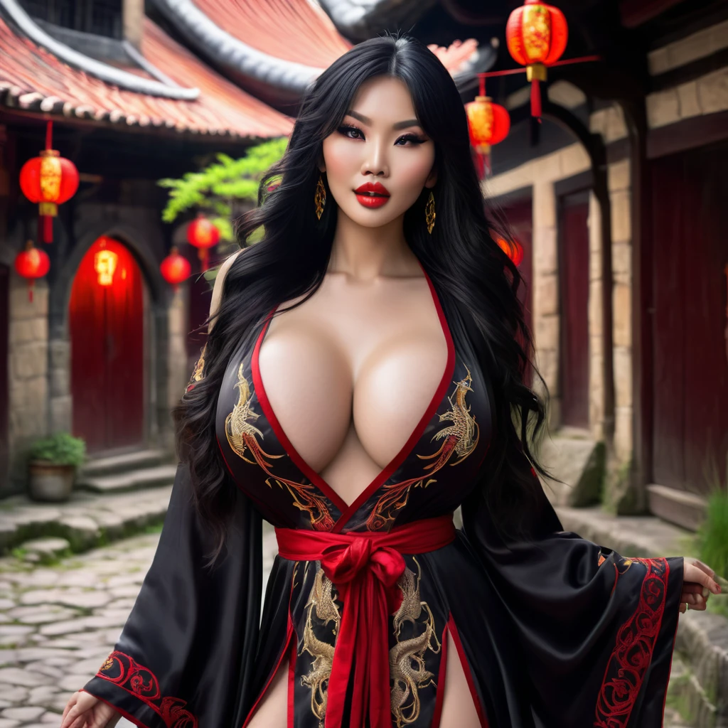 A witchy Asian spirit, Malaysian woman, age 25, ankle length hair, corrupt billowing silken robes (intricate evil embroidery, dragon motif) with blood red trim (very sexy and revealing but still enough is covered to be SFW) , glowing eyes, and a unholy aura, she is laughing cruelly, she floats above a corrupt magic circle in a medieval European village, black serpentine Asian drakes slither around the edges of the scene(almost out of sight, almost out of reach). (best quality, 4k, highres, masterpiece:1.2), ultra-detailed, (realistic, photorealistic, photo-realistic:1.37), HDR, UHD, studio lighting, ultra-fine painting, sharp focus, physically-based rendering, extreme detail description, professional, vivid colors, bokeh, portraits, landscape, horror, anime, sci-fi, photography, concept artists, vibrant colors, soft lighting. Set in a medieval European village
