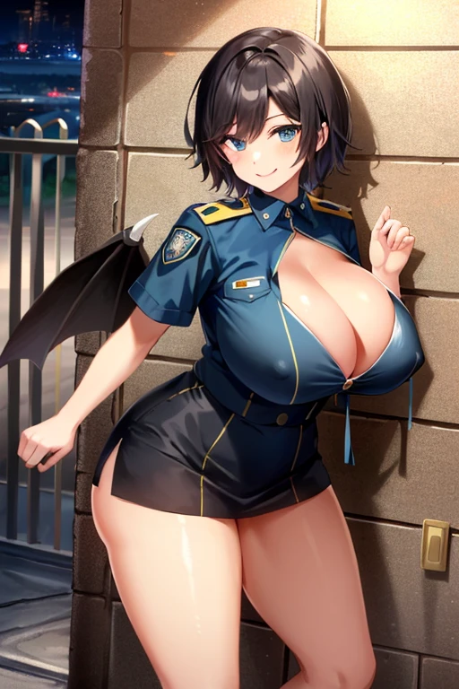masterpiece, highest quality, High Resolution, alone, Are standing, Adult female, Light blue clothes, Police uniform, Black Hair, Bat Wings, short hair, blue eyes, Wicked Smile, Wicked Smile, mini skirt, Police uniform, prison, prison、Camel Toe、Giant tit、Nipple Puffs、Cleavage、Plump、Super big breasts、Super big butt