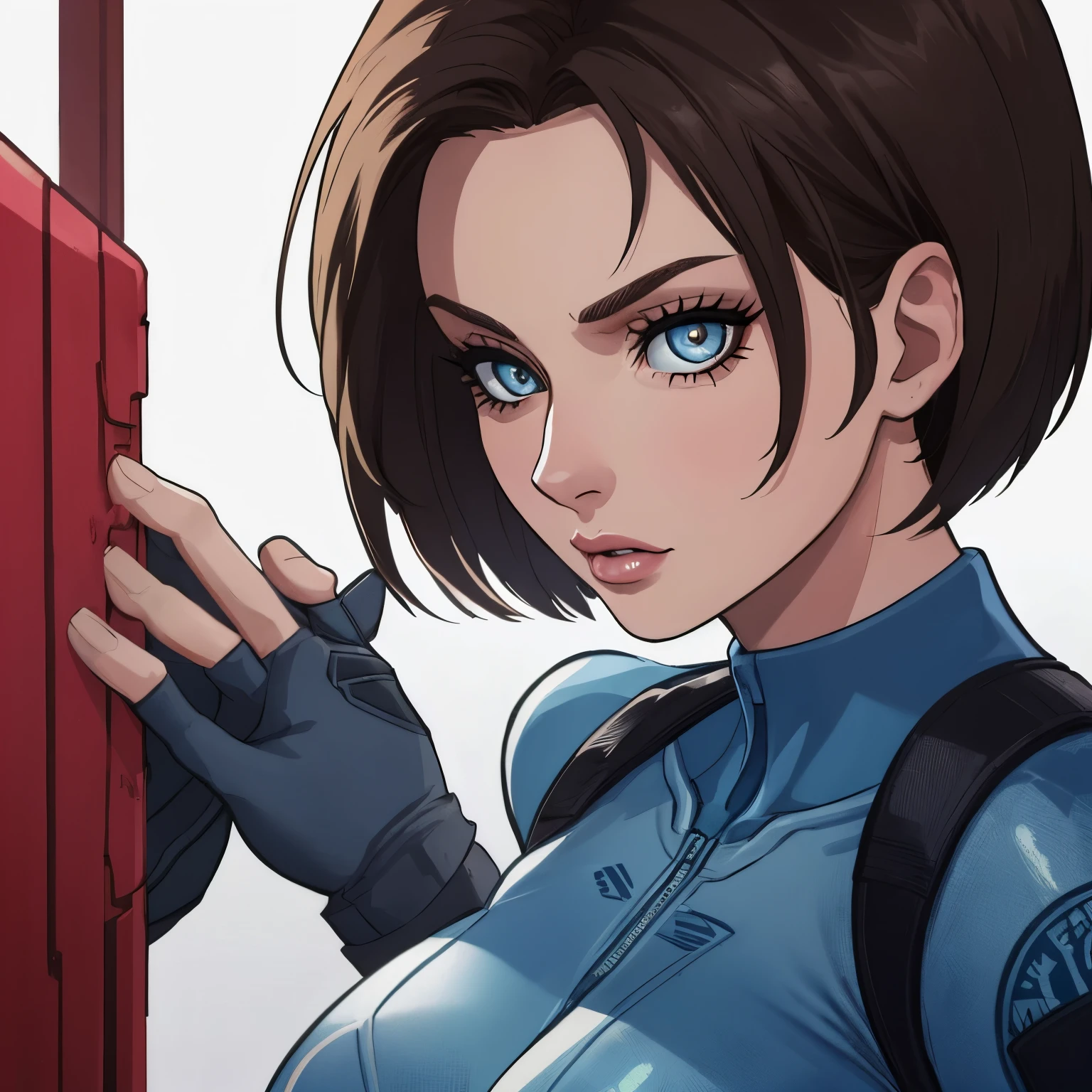 Jill Valentine, rosto lateral, peitos grandes, ela esta mostrando a lateral, decote, peitos grandes, ela esta olhando para a lateral, olhos perfeitos, boca vermelha perfeita,