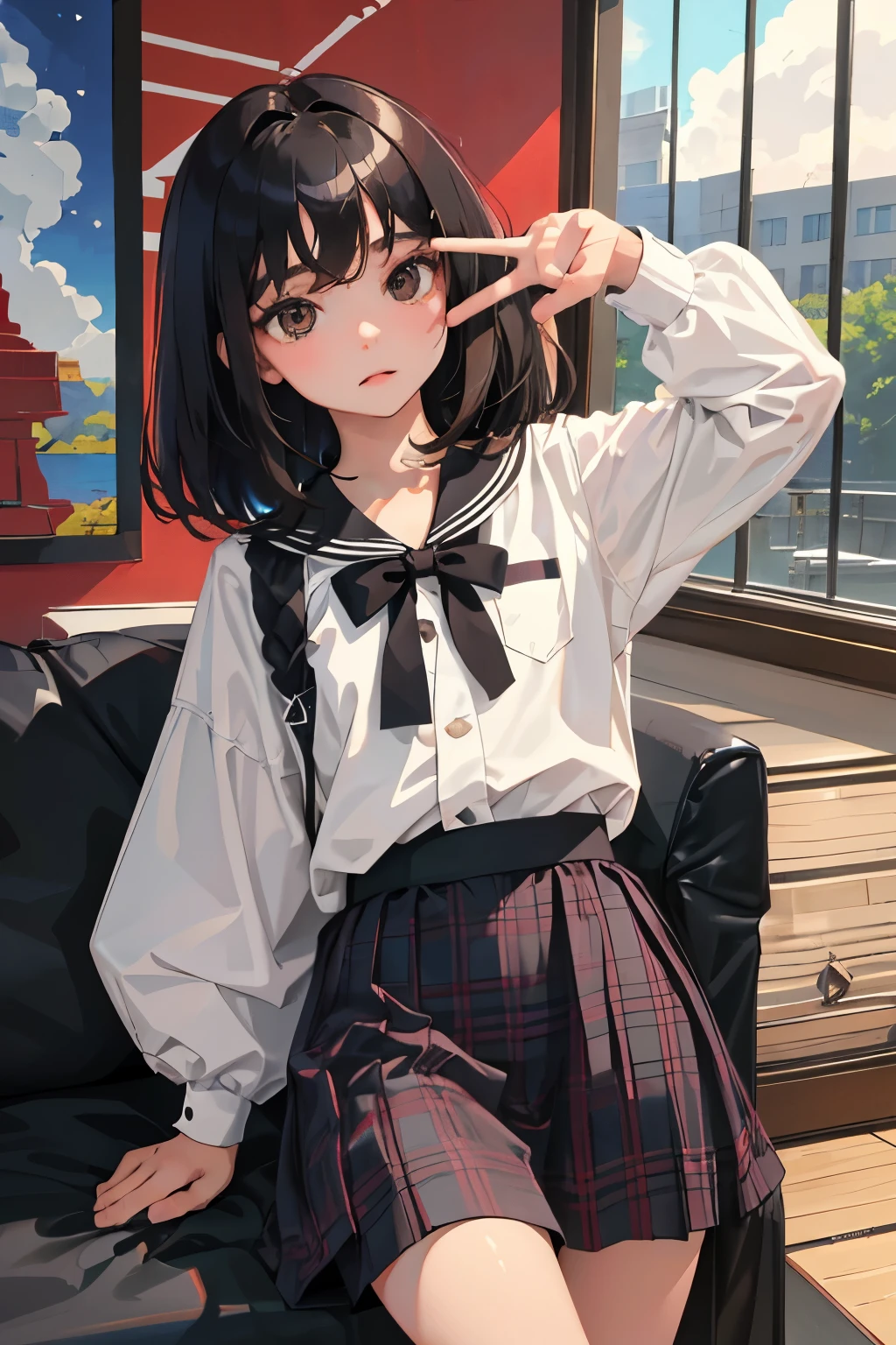 (child)，highest quality，Beautiful face in every detail，cute，Dark brown eyes，(背の低いcute女の子，Small young student，Young delicate girl）,（masterpiece，Top quality)，Black Hair，Sleepy expression，Short sleeve，Plaid white skirt