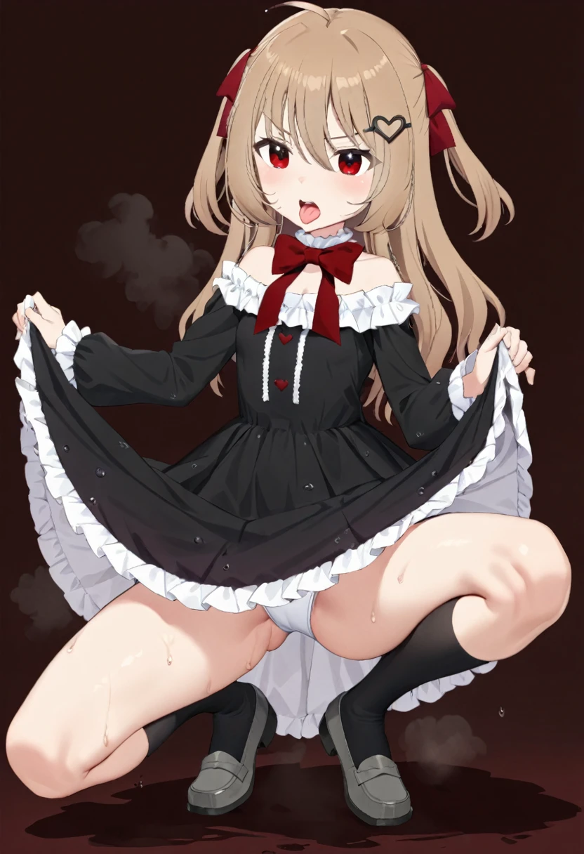 1girl, evil neuro-sama, (yuzu modoki), red eyes, light brown hair, ahoge, two side up, hair ribbon, dark red ribbon, heart hair ornament, black dress, frilled dress, off-shoulder dress, bare shoulders, frilled choker, long sleeves, red bow, red ons, black heart, black socks, frilled socks, grey footwear, loafers, (masterpiece, best quality), highly detailed, finely detailed, wet, steam, looking at viewer, see-through dress, covered nippderwear, cleavage, ce, simple background, stomach, dress lift, upskirt, tongue outmouth, angry, squatting, spread legs, nipple slips,