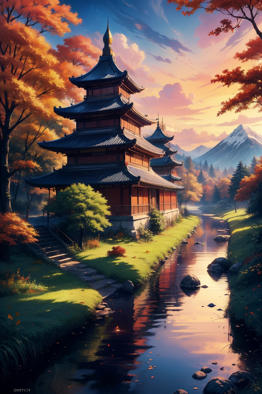 anime scenery, high detailed artwork, background art, 8k high quality detailed art, river, glowing fireflies , bright shinning sky ,sunset,pagodas, autumn, autumn leaves, deer, abandoned nature, mountains, siheyuan