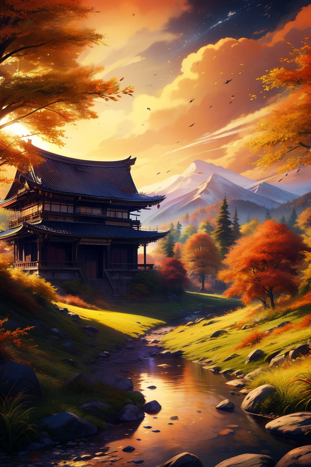 anime scenery, high detailed artwork, background art, 8k high quality detailed art,  river, glowing fireflies , bright shinning sky, sunset, buddhist temple, autumn, autumn leaves, deer, abandoned nature, mountains, siheyuan