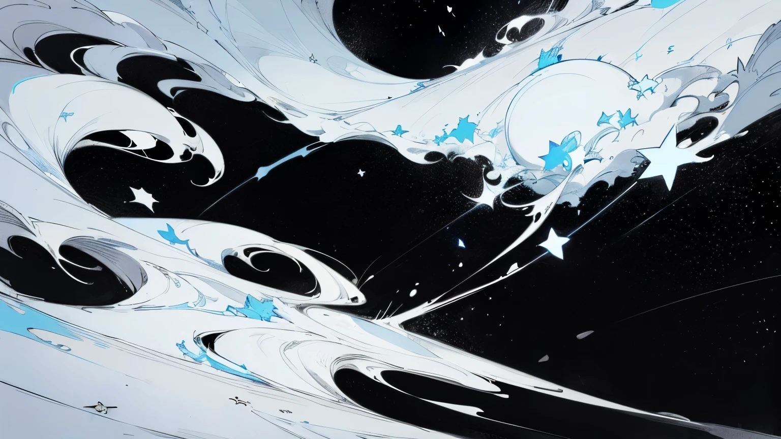 moon, lilly, night, stars, ink splatter, ink, black and white illustration, sketch, highly detailed, high quality, masterpiece, inky, line art, strong line art, flowing, beautiful, picturesque